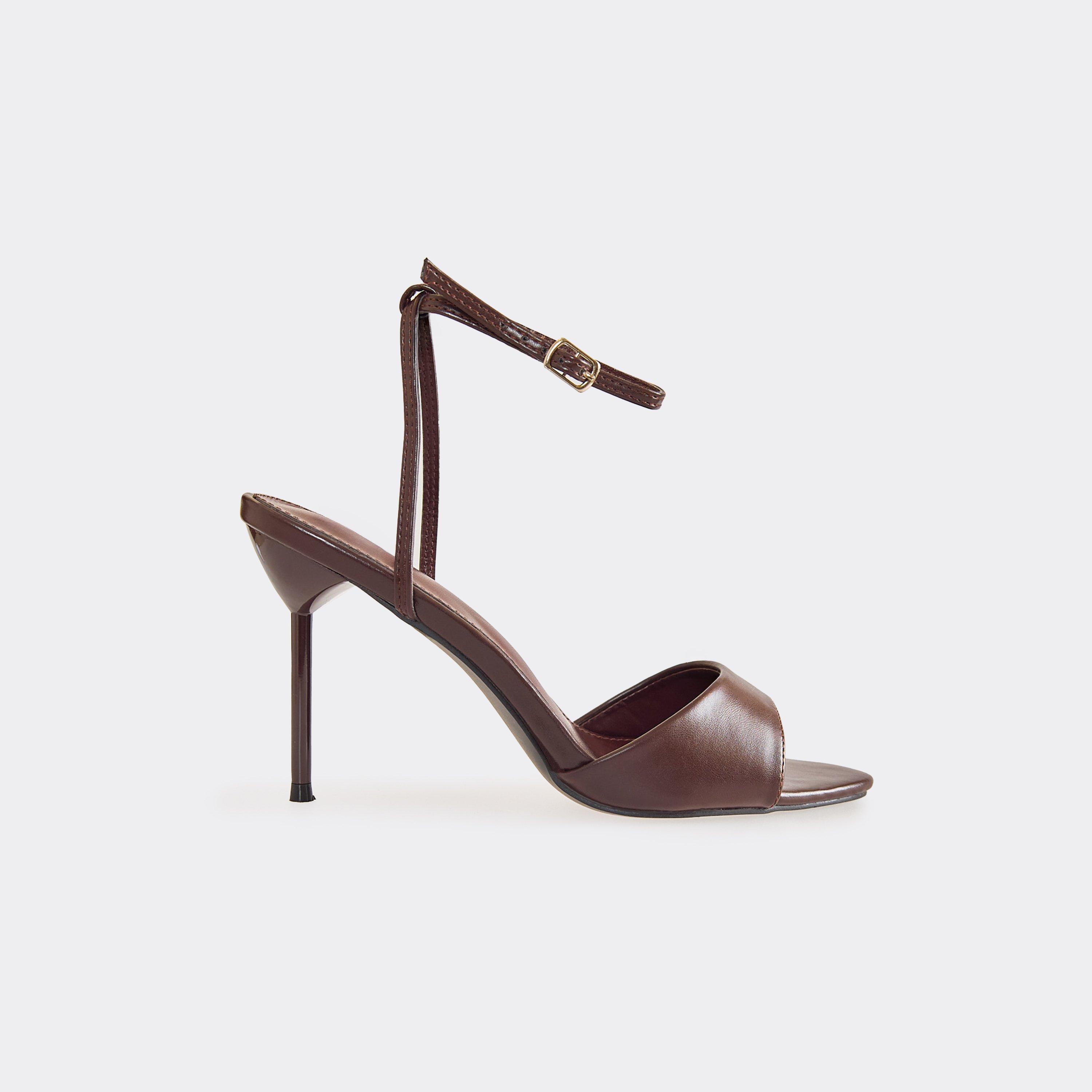 Connection Peep Toe Ankle Strap Stiletto Heel In Brown Faux Leather, Women’s