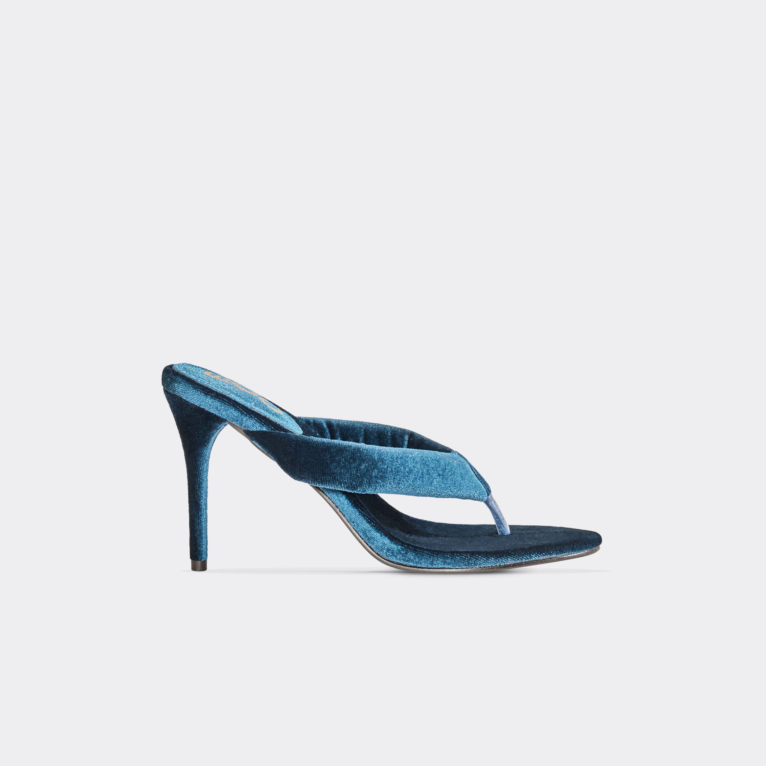 Lavished Padded Thong Strap Heeled Mule In Blue Velvet, Women’s
