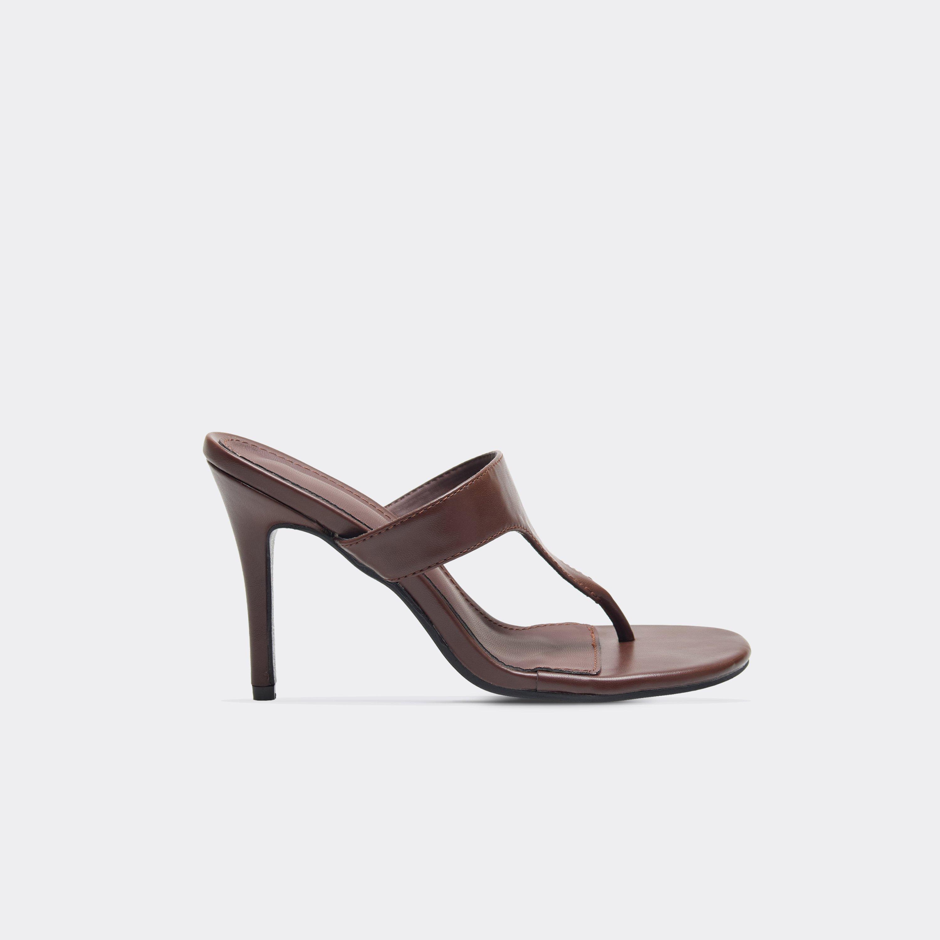 Fleur Thong Strap Stiletto Heel Mule In Brown Faux Leather, Women’s