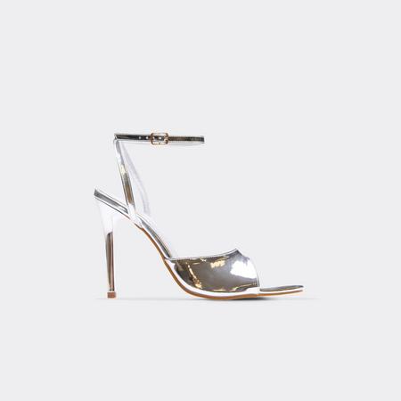 Highland Ankle Strap Pointed Peep Toe Stiletto Heel In Silver Patent, Women's Size US