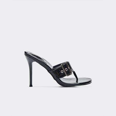 Kora Thong Buckle Strap Heeled Mule In Black Croc Print Faux Leather, Women's Size US