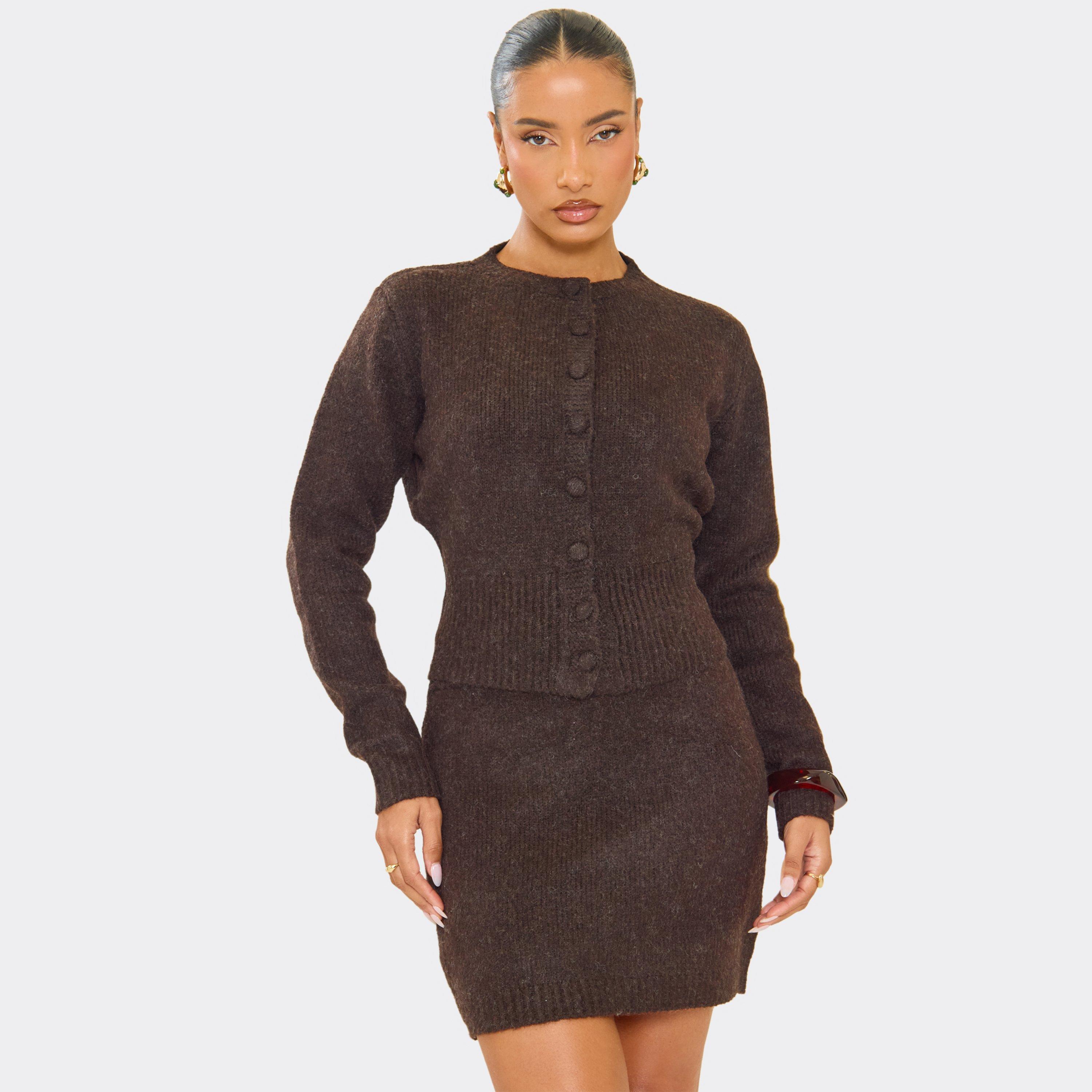 Image of Button Down Cardigan In Chocolate Brown Soft Knit, Women's Size UK M/L