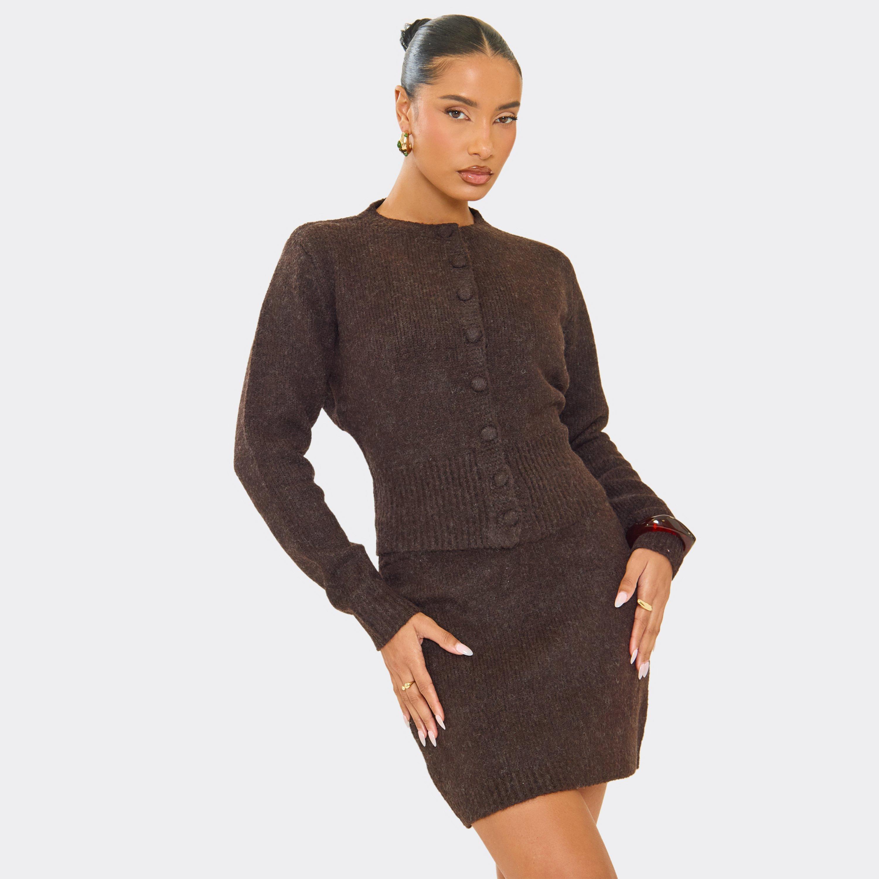 Elastic Waist Mini Skirt In Chocolate Brown Soft Knit, Women’s/M