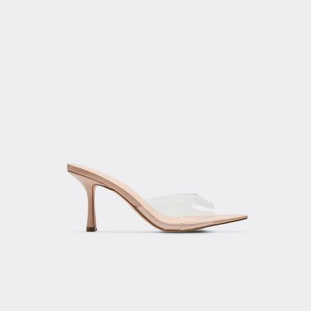 Mermad Clear Perspex Strap Pointed Peep Toe Heeled Mule In Nude Patent, Women's Size US