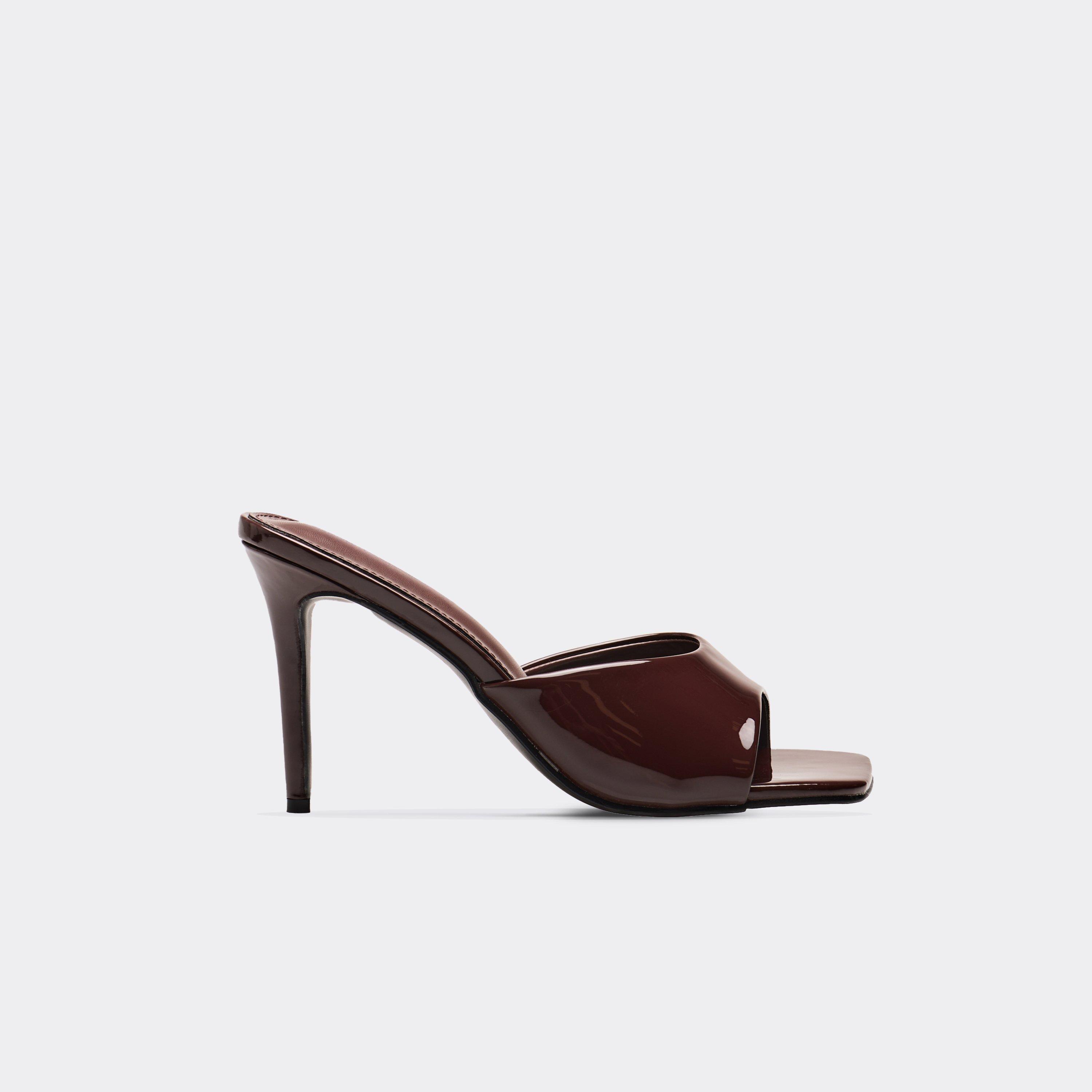 Thalia Square Peep Toe Heeled Mule In Brown Patent, Women’s