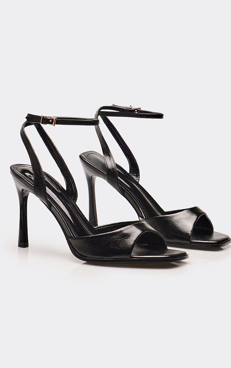 Solsta Ankle Strap Square Peep Toe Heel In Black Faux Leather