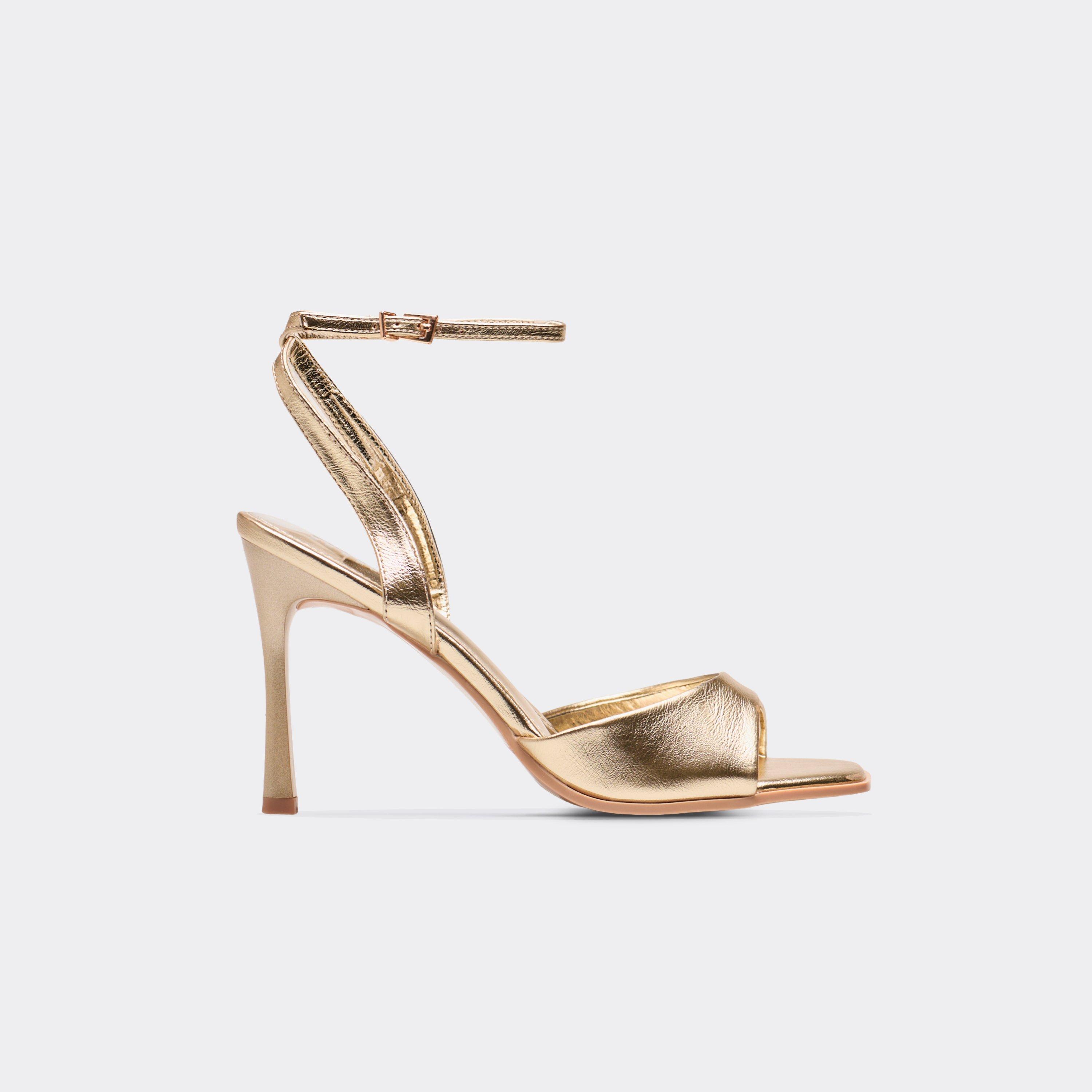 Solsta Ankle Strap Square Peep Toe Heel In Gold Faux Leather, Women’s