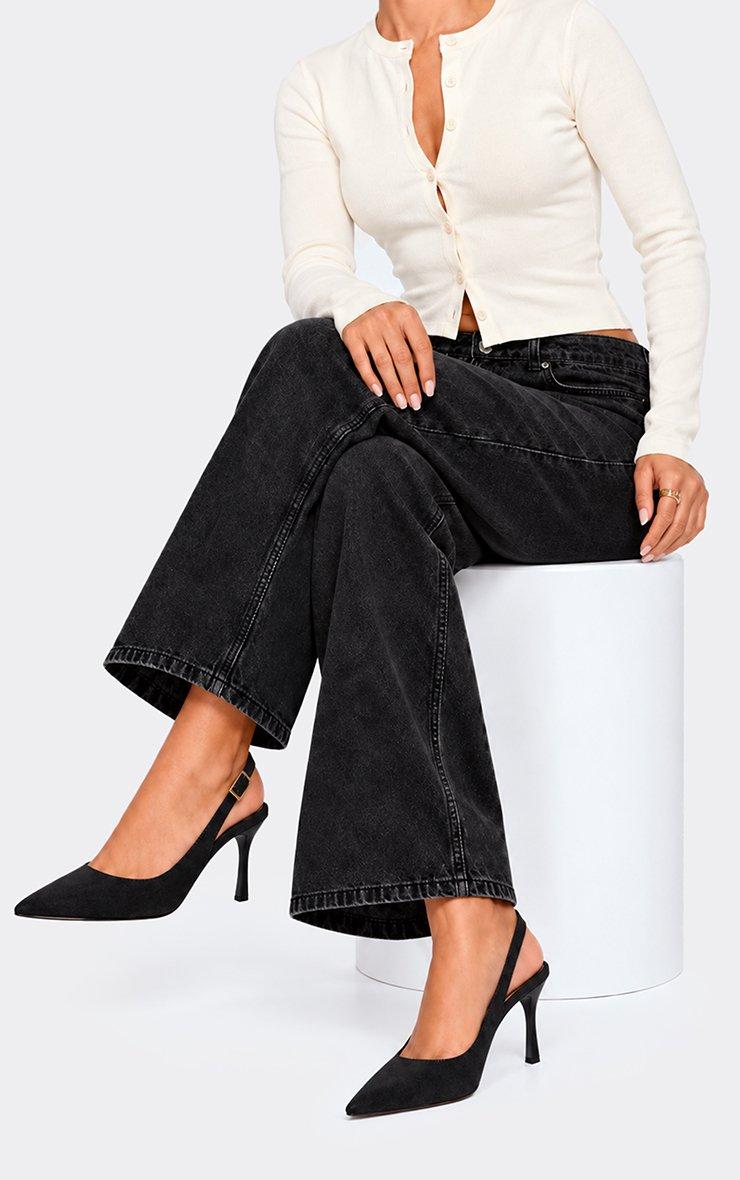 Mixed Pointed Toe Slingback Court Heel In Black Faux Suede