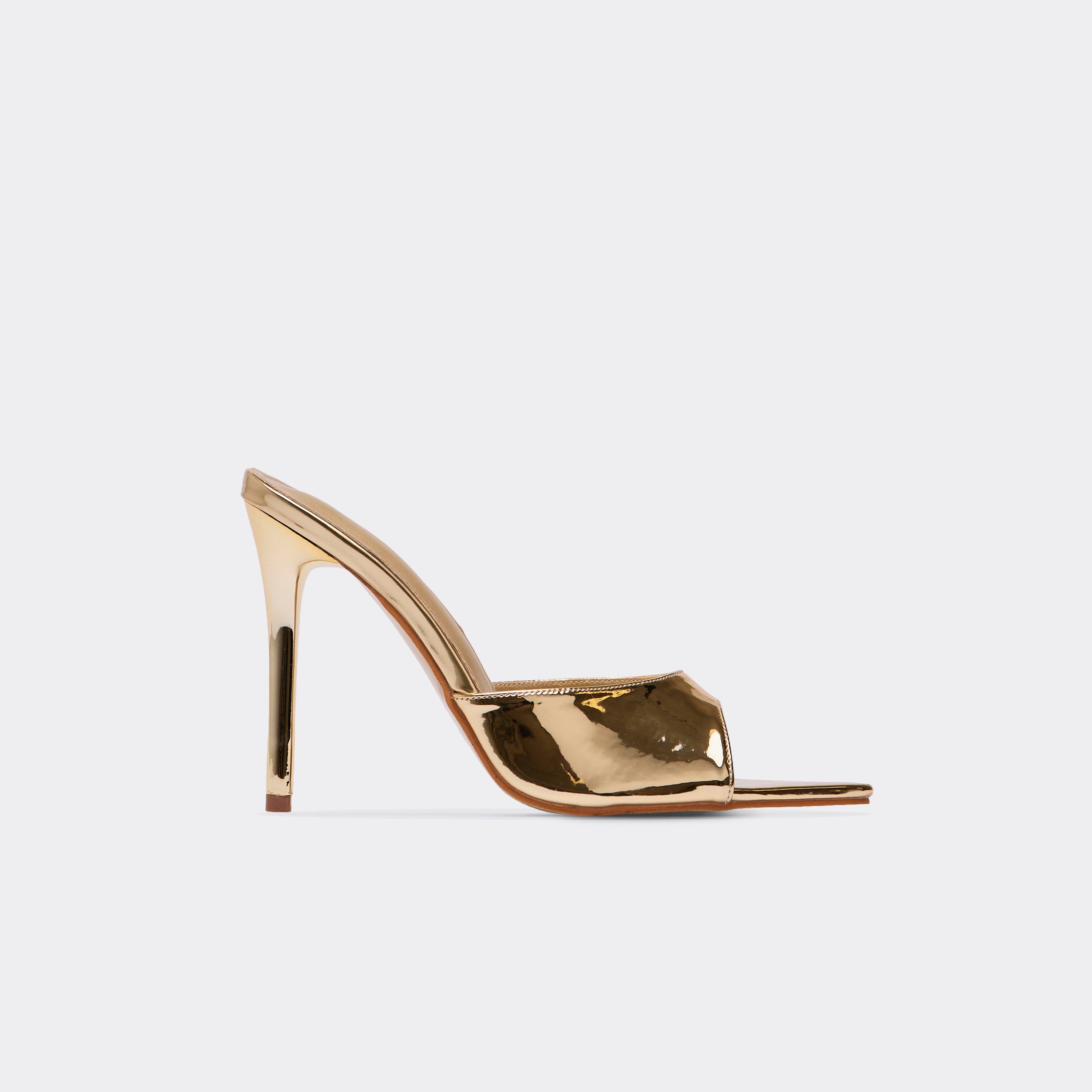 Cupid Pointed Peep Toe Stiletto Heel Mule In Gold Patent, Women’s