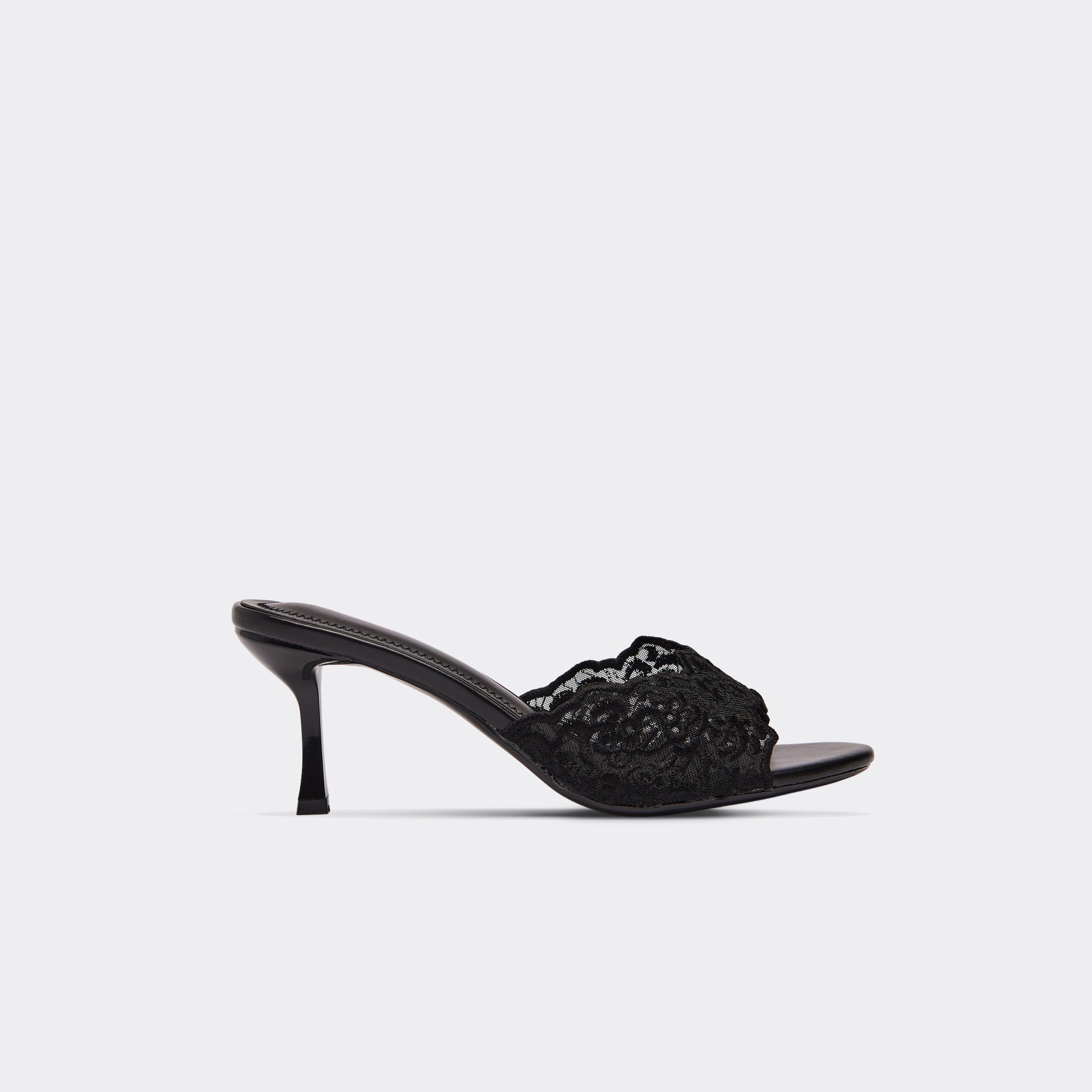 Sae Lace Strap Heeled Mule In Black Faux Leather, Women's Size UK 6