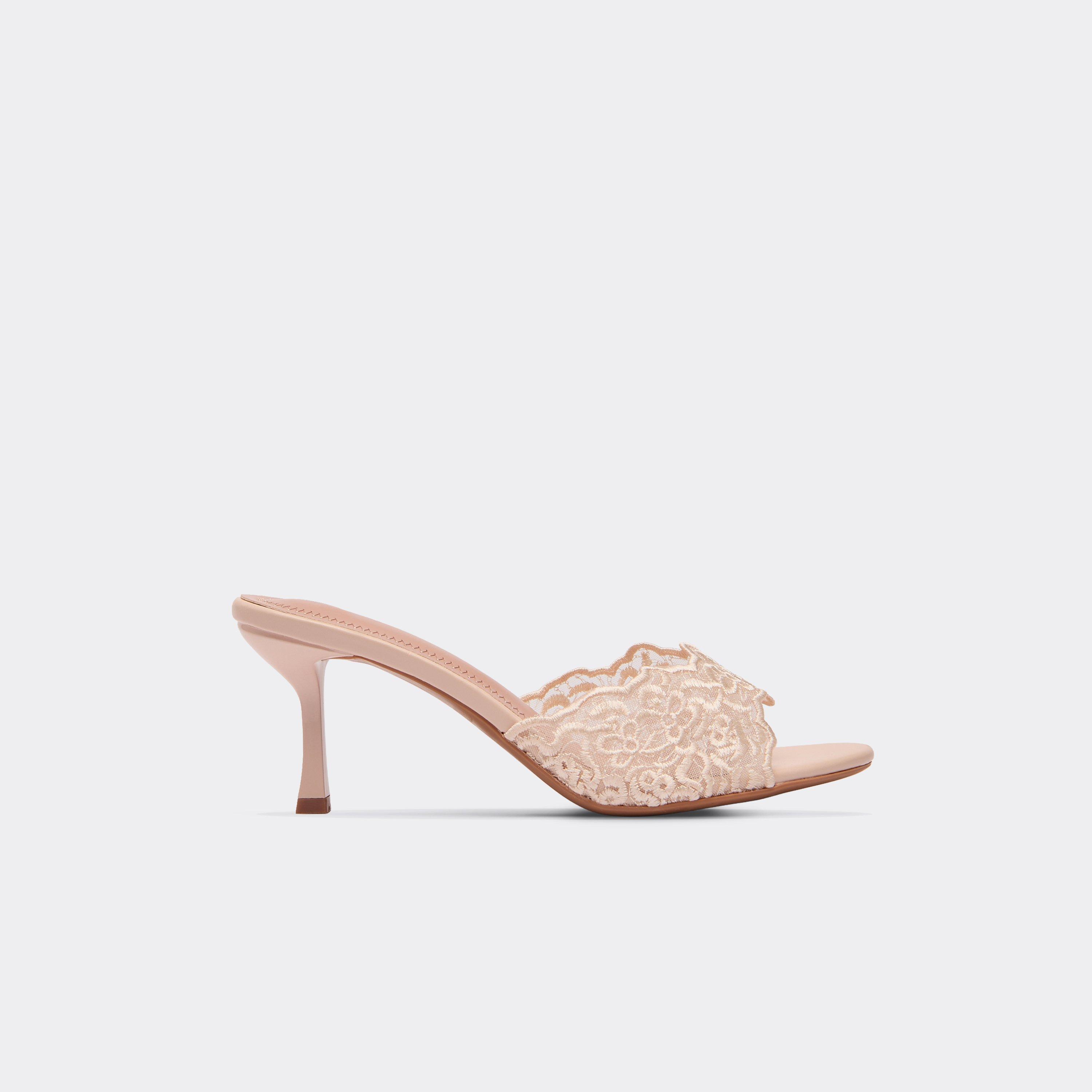 Sae Lace Strap Heeled Mule In Beige Faux Leather, Women's Size UK 7