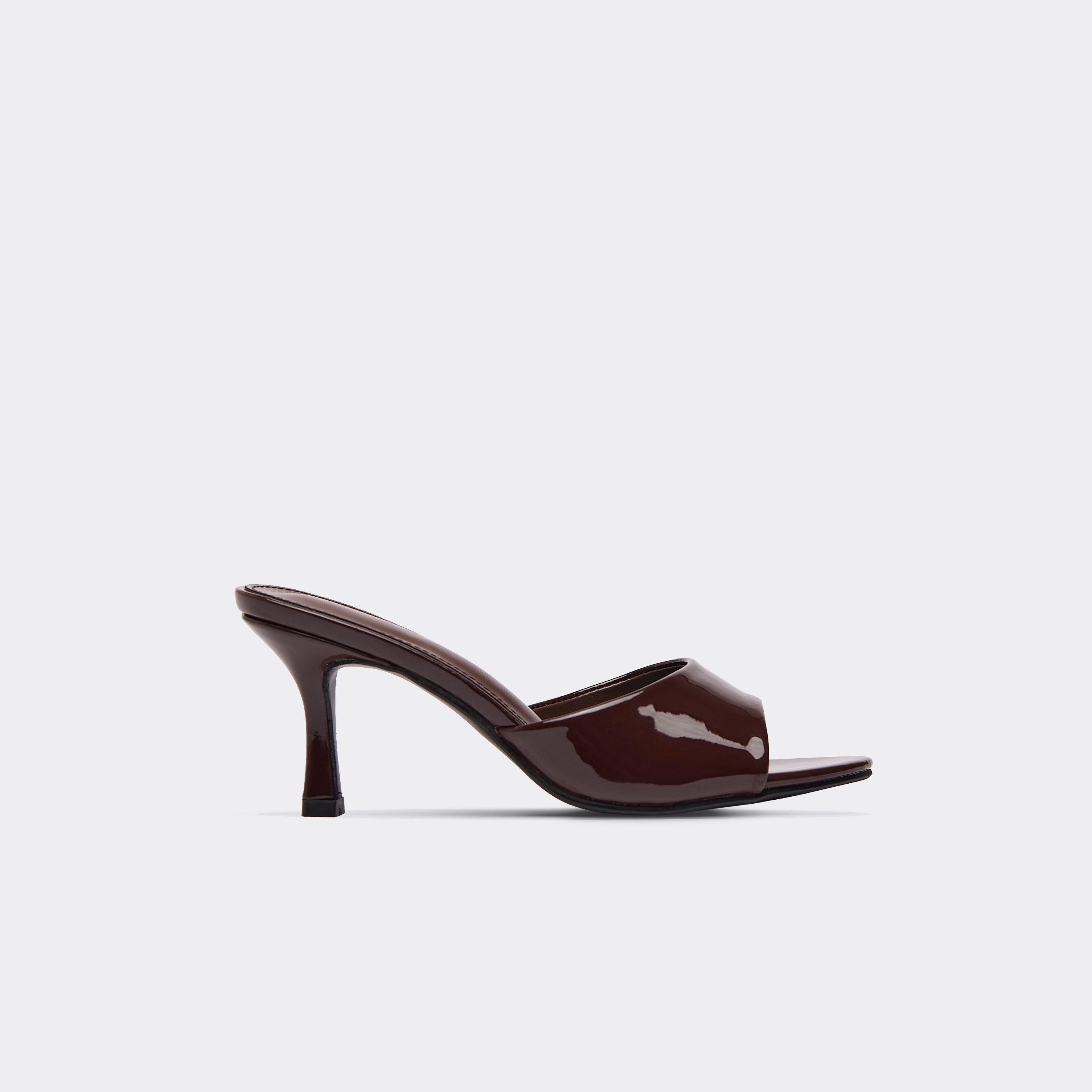 Izzie Peep Toe Heeled Mule In Brown Patent., Women's Size UK 4
