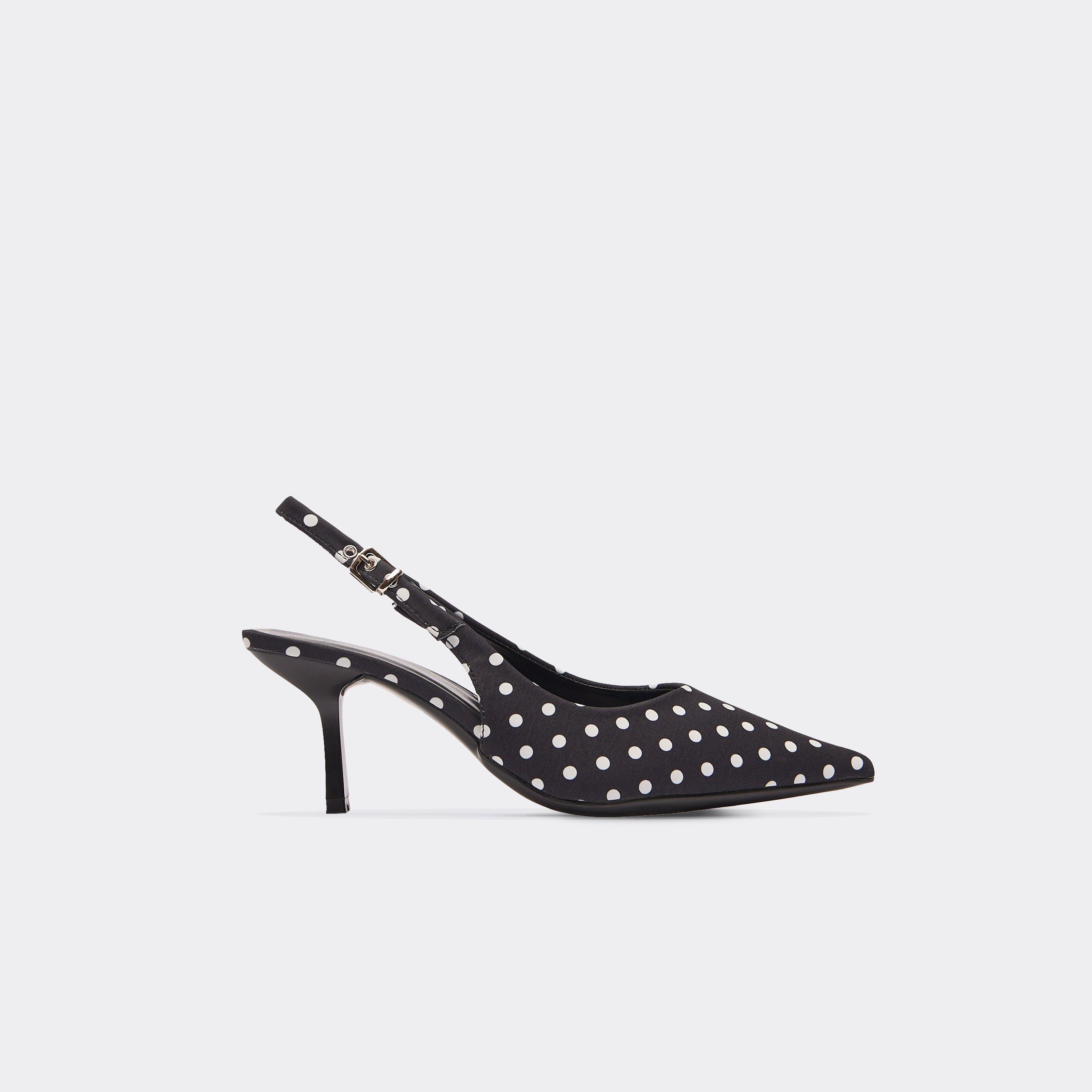 Fergie Pointed Toe Slingback Court Heel In Black And White Polka Dot Print Satin, Women's Size US
