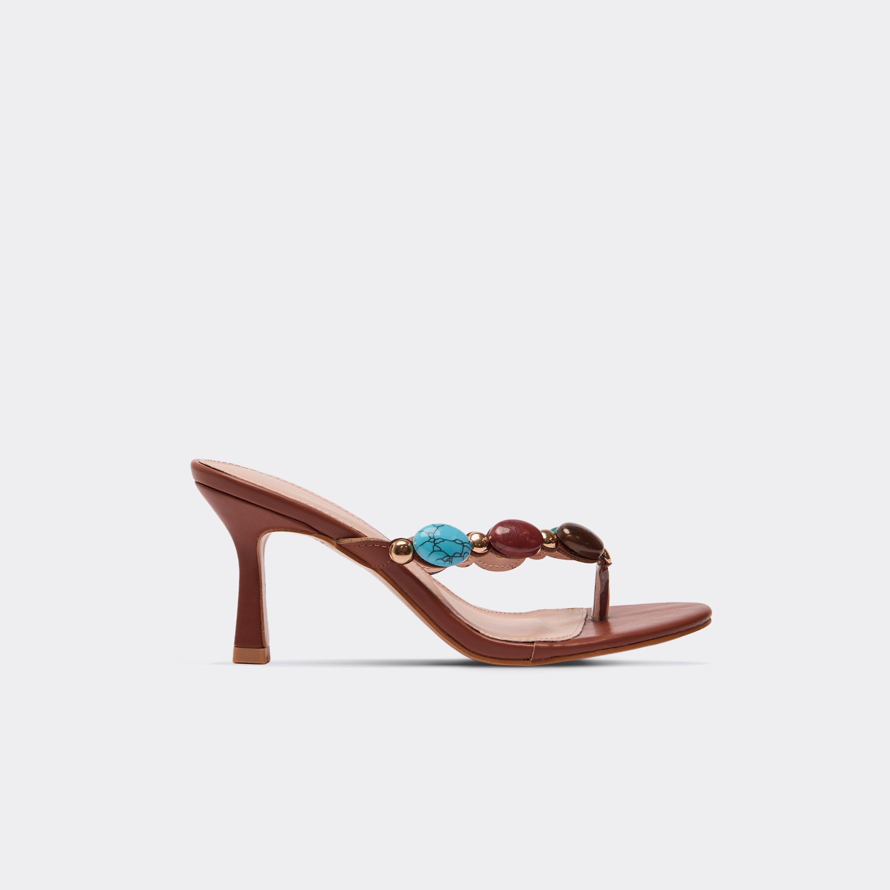 Aspen Gem Thong Strap Detail Heeled Mule In Tan Brown Faux Leather, Women's Size US