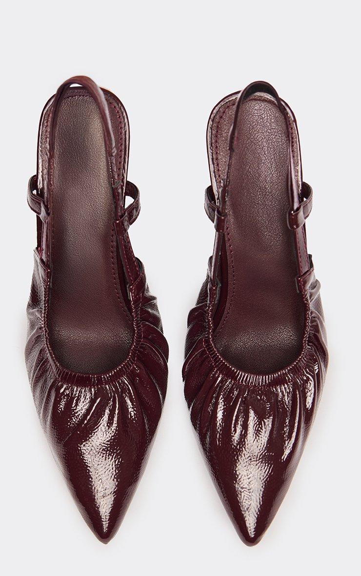 Sulli Pointed Toe Slingback Court Heel In Burgundy Croc Print Faux Leather
