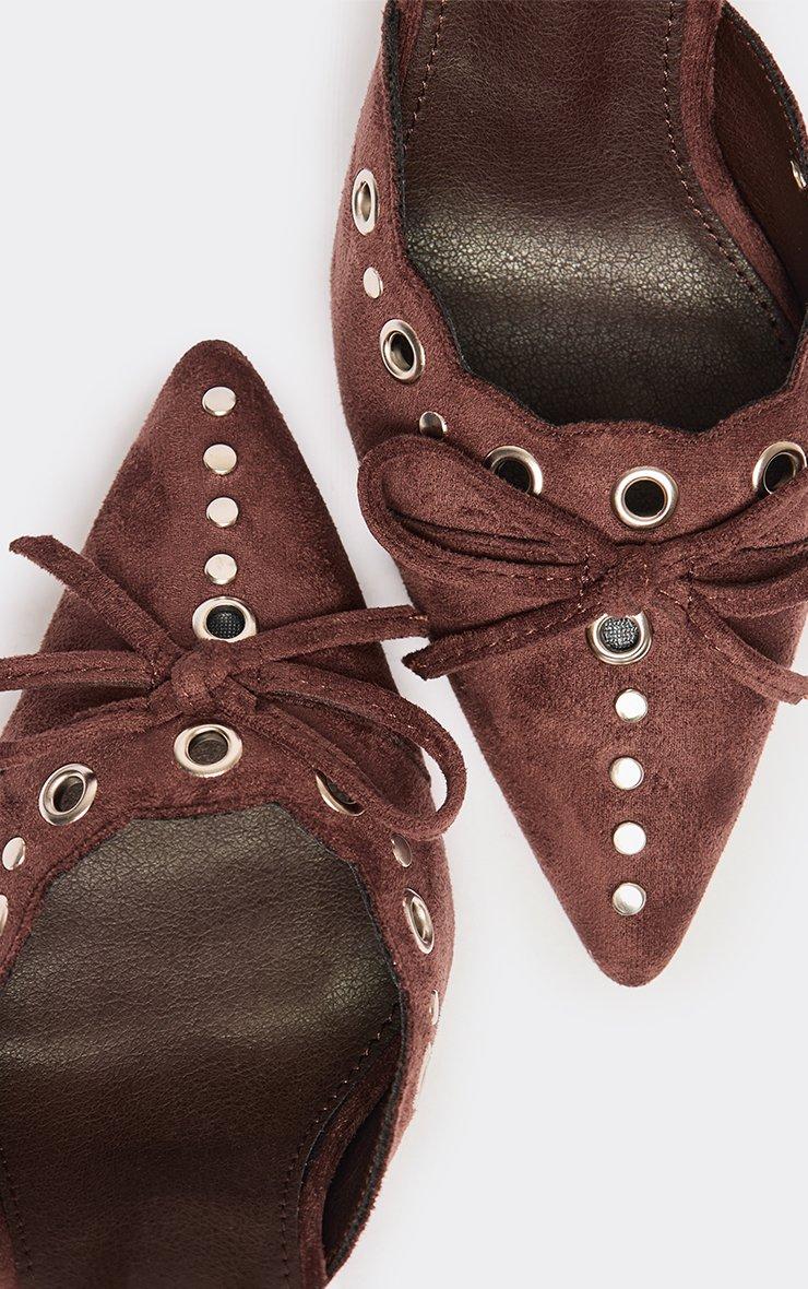 Bayliss Bow Eyelet Detail Pointed Toe Heeled Mule In Brown Faux Suede.