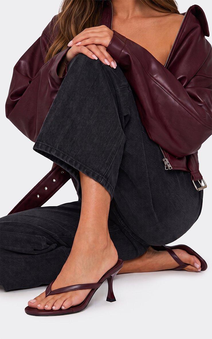 Odile Thong Strap Low Heeled Mule In Burgundy Faux Leather