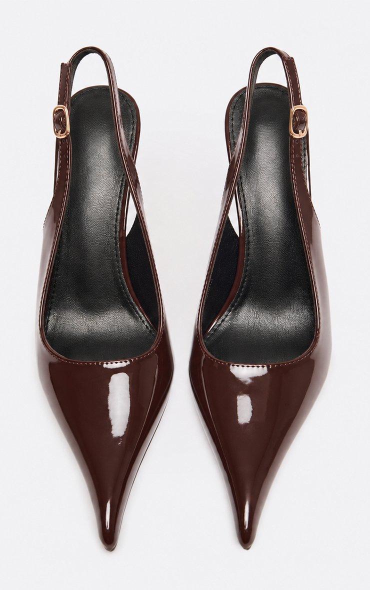 Mitzie Pointed Toe Slingback Low Court Heel In Brown Patent.