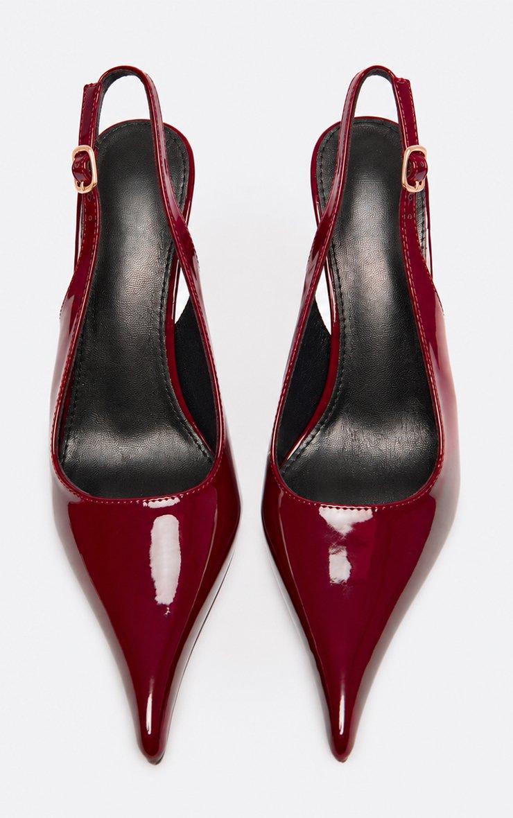 Mitzie Pointed Toe Slingback Low Court Heel In Burgundy Patent.
