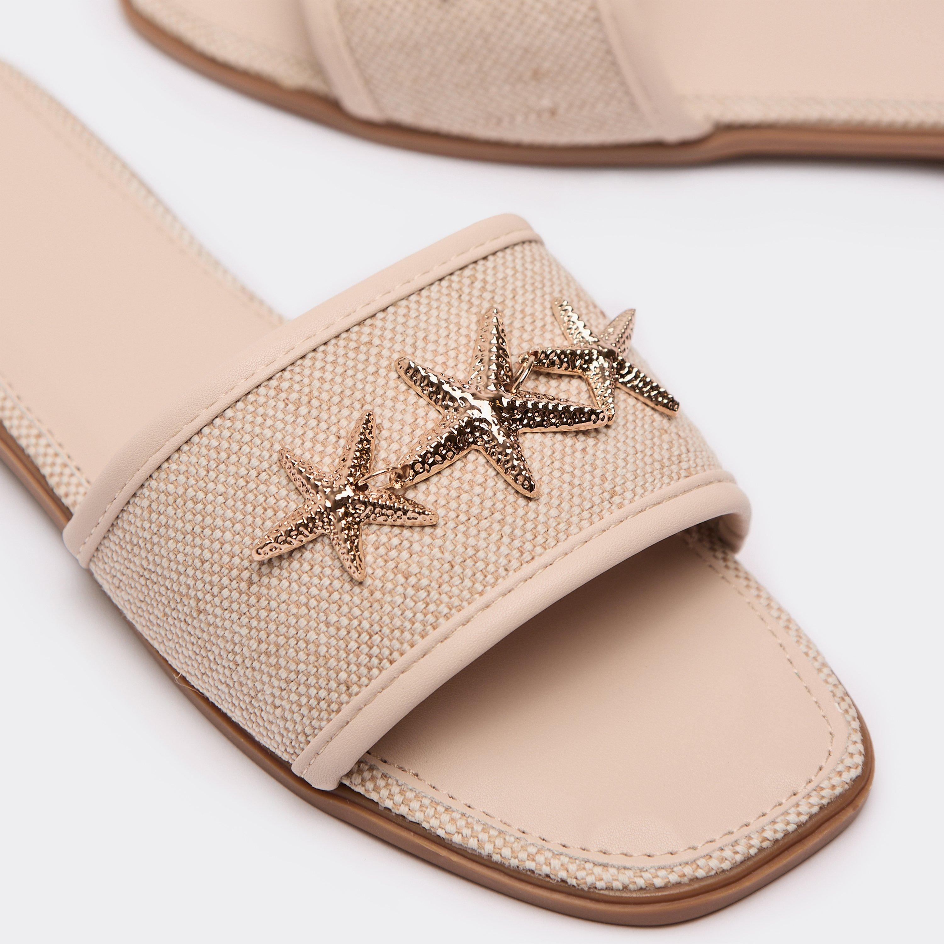 Harilee Contrast Woven Starfish Detail Flat Slider Sandal In Beige Faux Leather, Women's Size UK 5