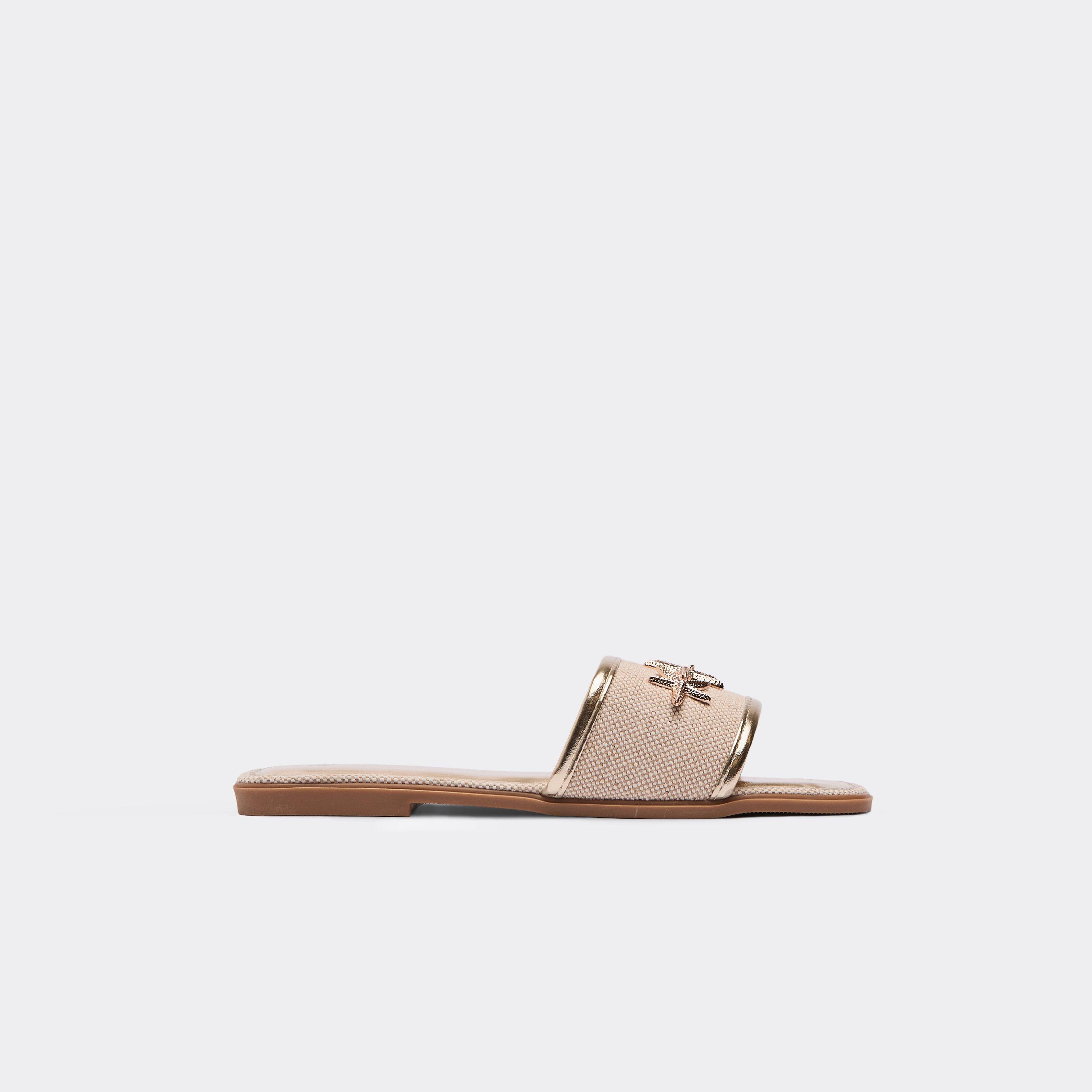 Harilee Contrast Woven Starfish Detail Flat Slider Sandal In Gold Faux Leather, Women's Size UK 7