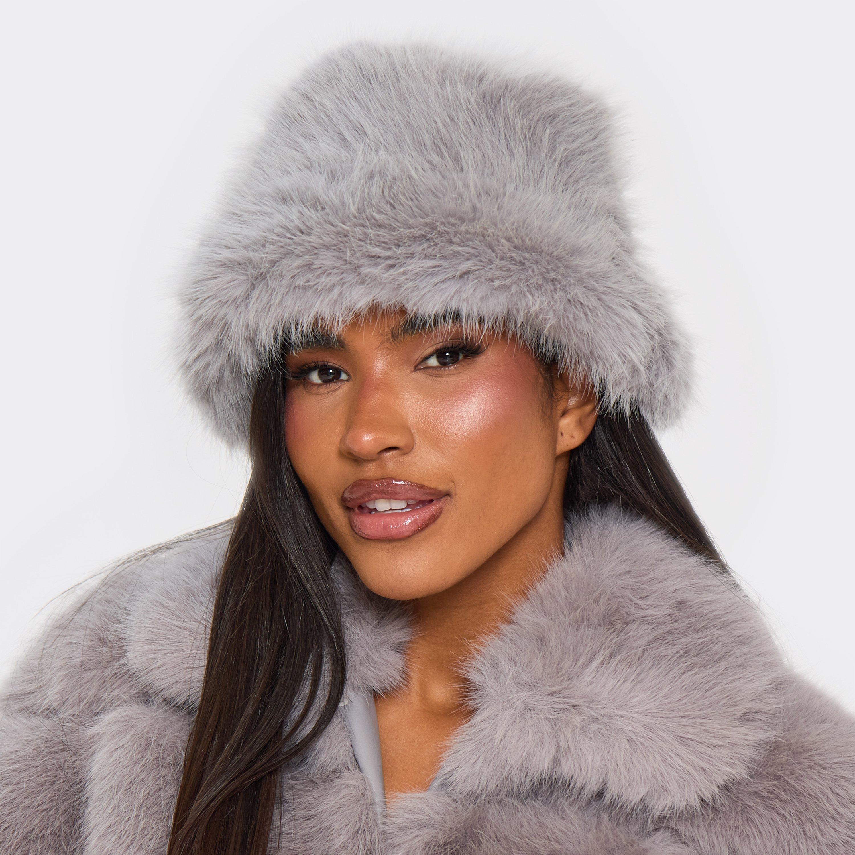 Image of Oversized Chunky Hat In Grey Faux Fur, Women's Size UK 0