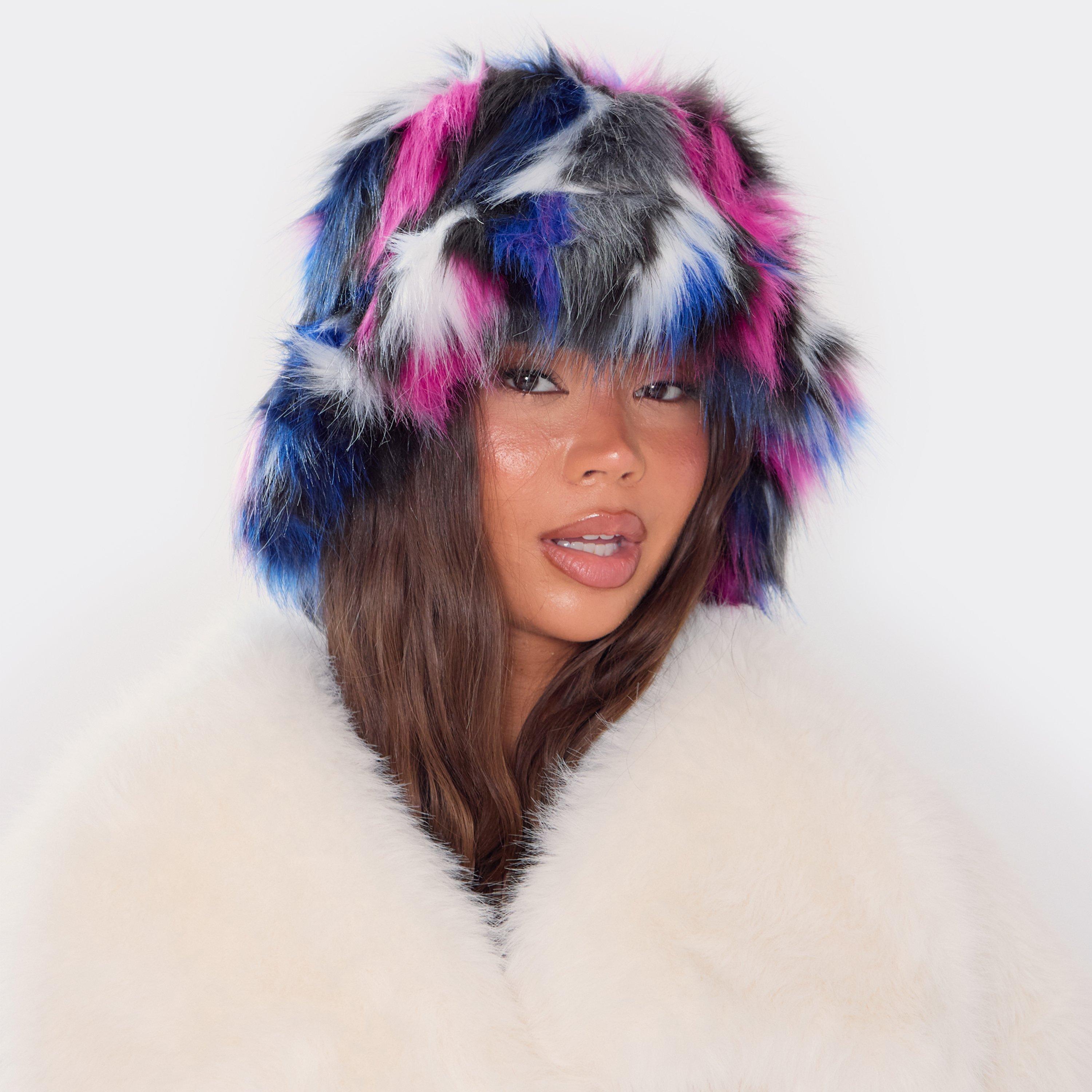 Image of Oversized Bucket Hat In Pink Multi Faux Fur, Women's Size UK 0