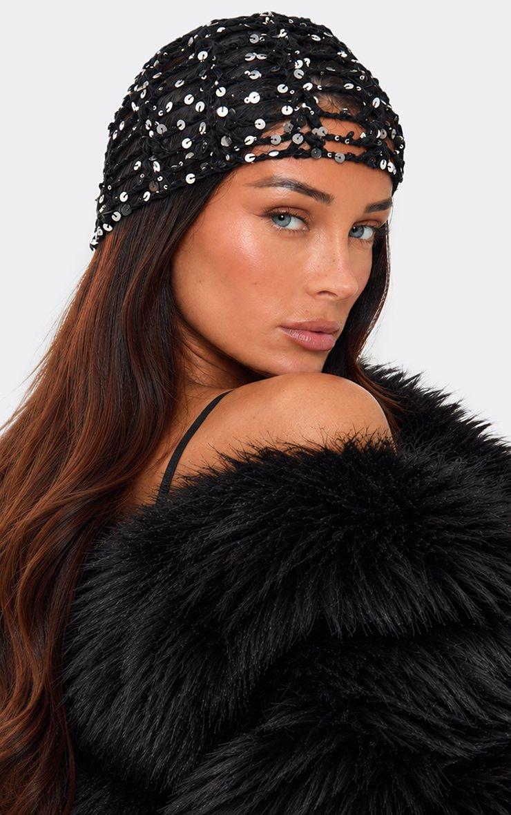 Sequin Detail Hat In Black Crochet Knit.