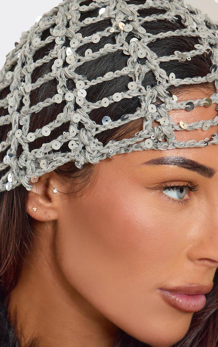 Sequin Detail Hat In Silver Crochet Knit