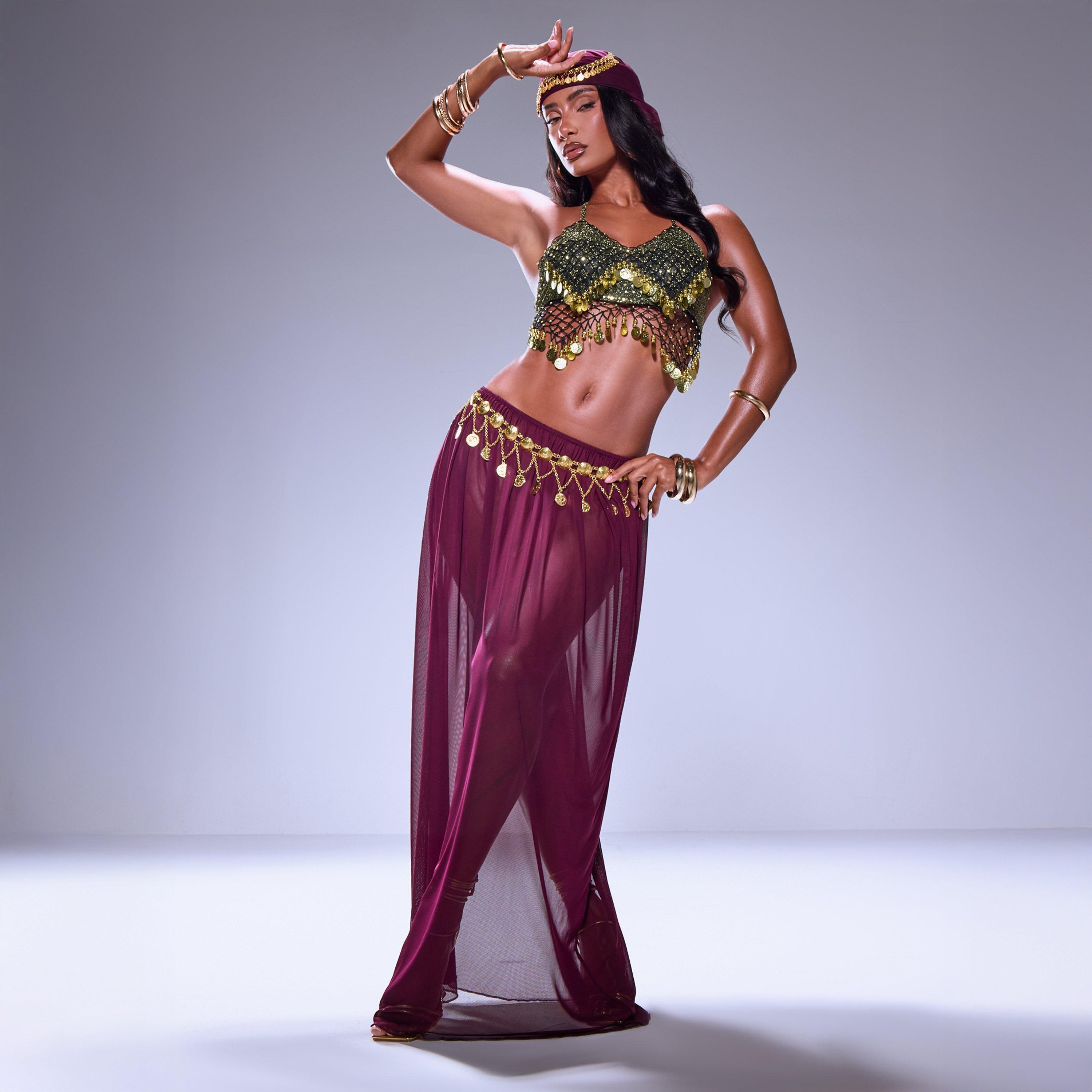Ruched Maxi Skirt And Matching Bandana Set In Purple Chiffon, Women’s