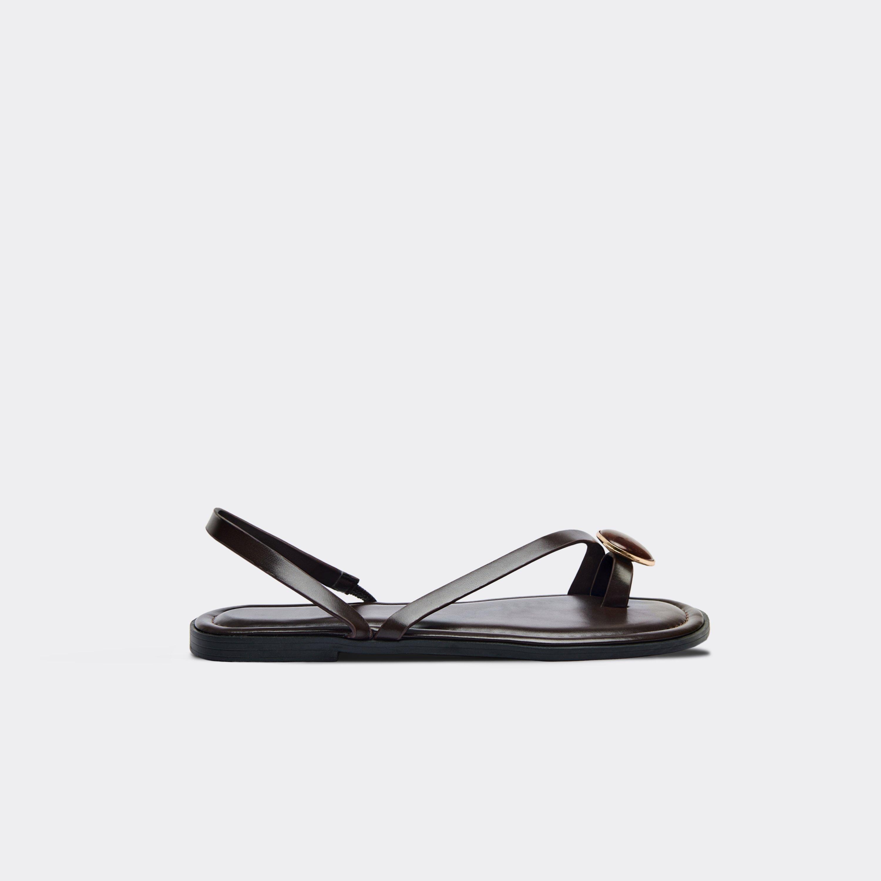Jamey Toe Loop Stone Detail Slingback Strappy Sandal In Brown Faux Leather, Women's Size US