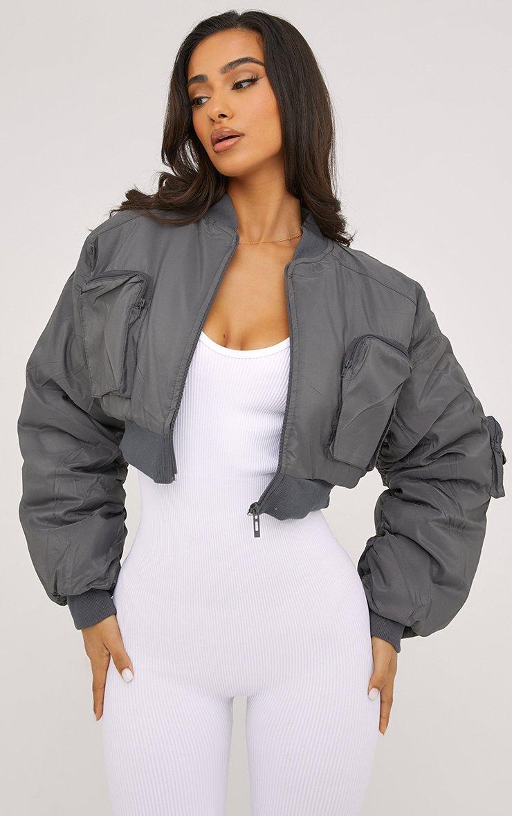 Multi Pocket Detail Cropped Bomber Jacket In Grey | EGO CA | EGO