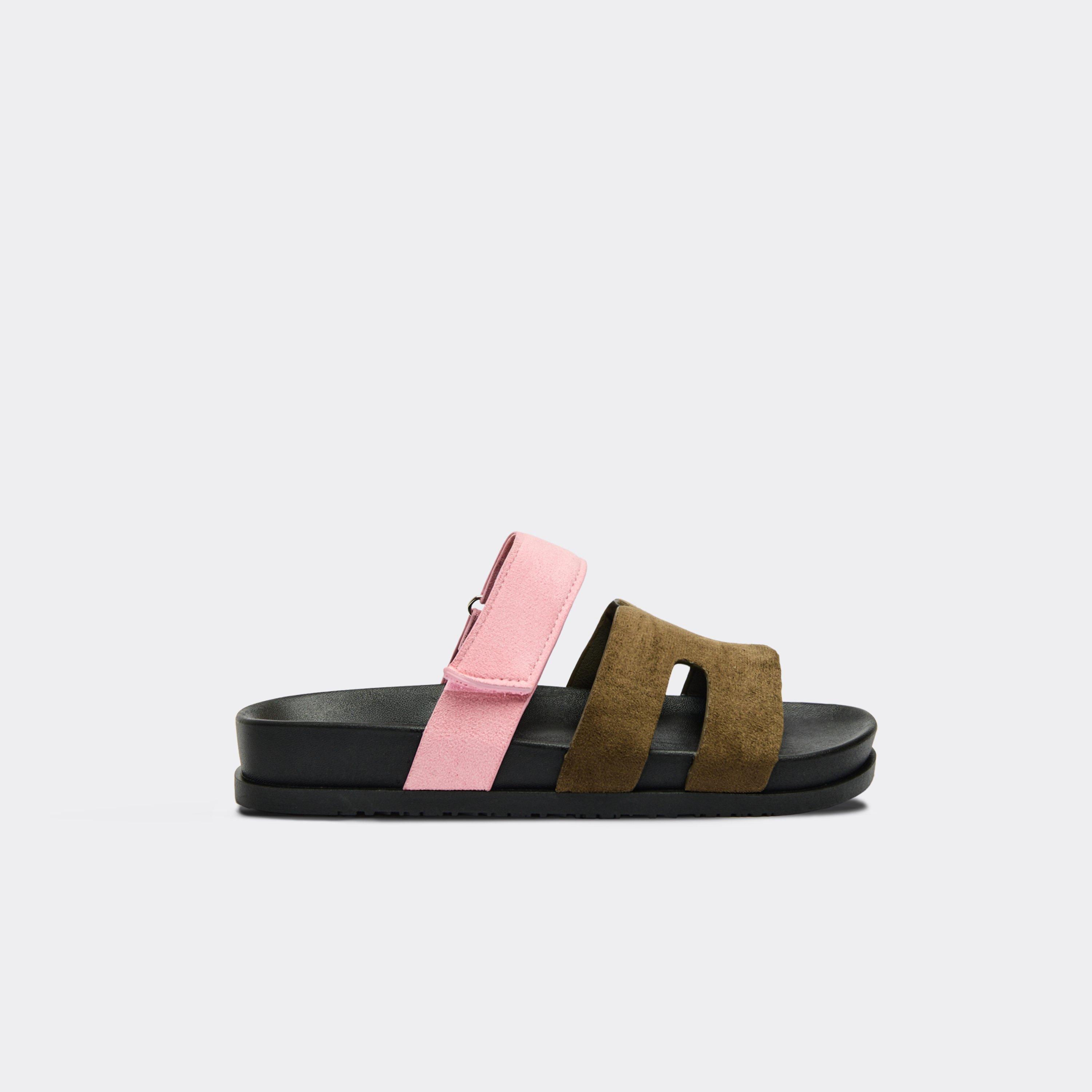 Kildare Gladiator Velcro Strap Chunky Slider Sandal In Olive And Pink Faux Suede, Women's Size UK 5