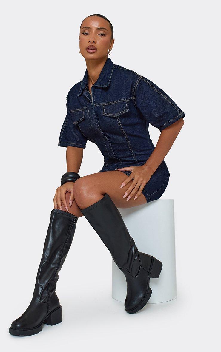 leather knee high dress boots Whistles Quin Stretch Boot Black Size 42 decorative strap with gold buckle at the ankle Caesar Chunky Block Heel Knee