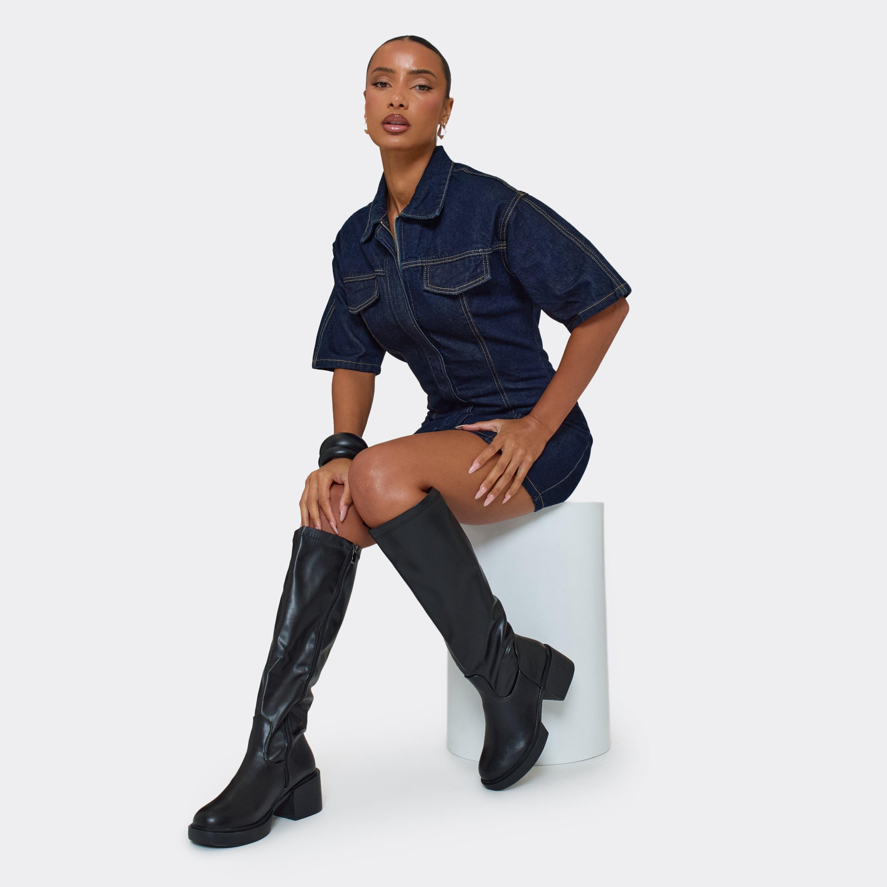 Caesar Chunky Block Heel Knee High Long Boot In Black Faux Leather, Women’s