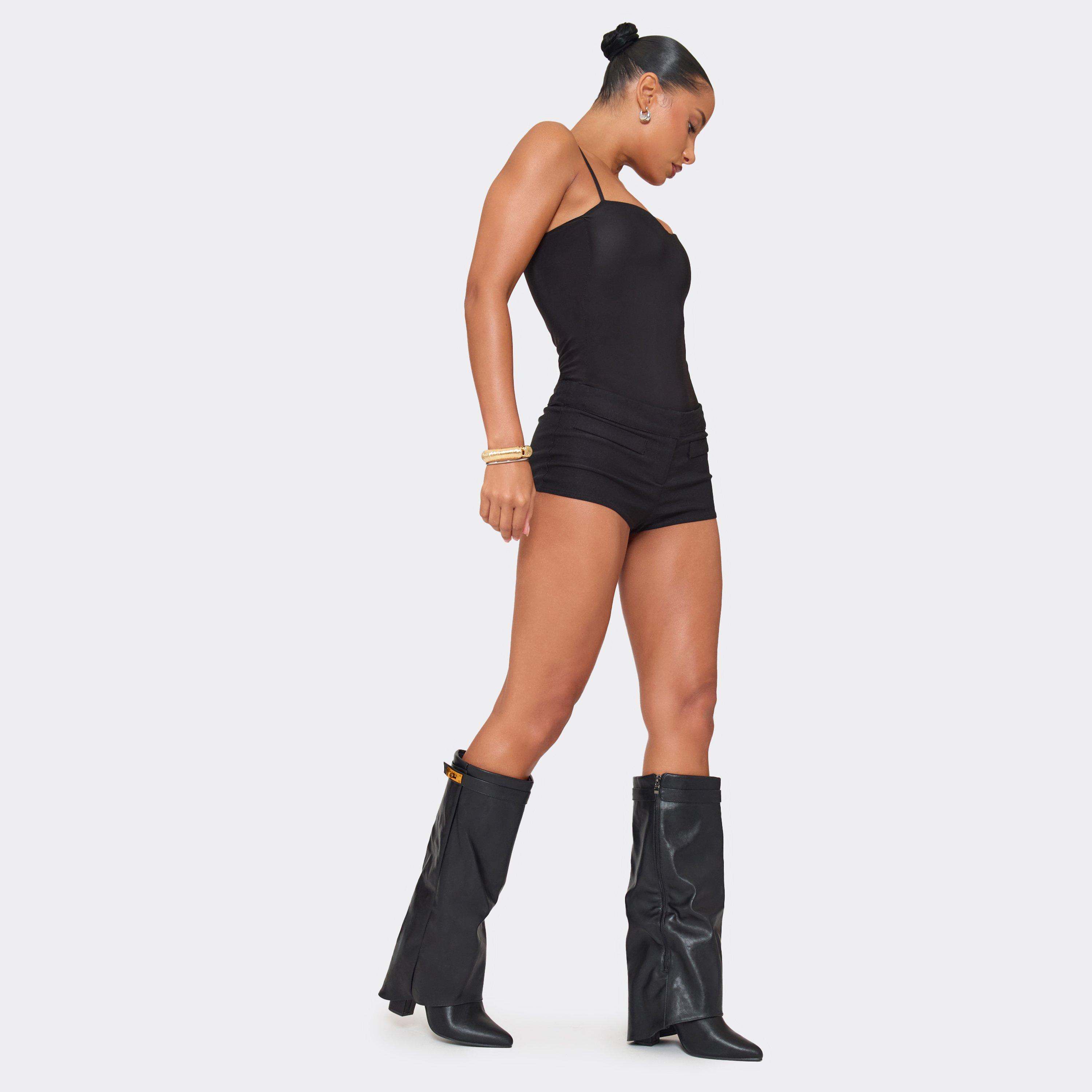 Ava Lock Detail Pointed Toe Knee High Block Heel Boot In Black Faux Leather, Women's Size UK 3