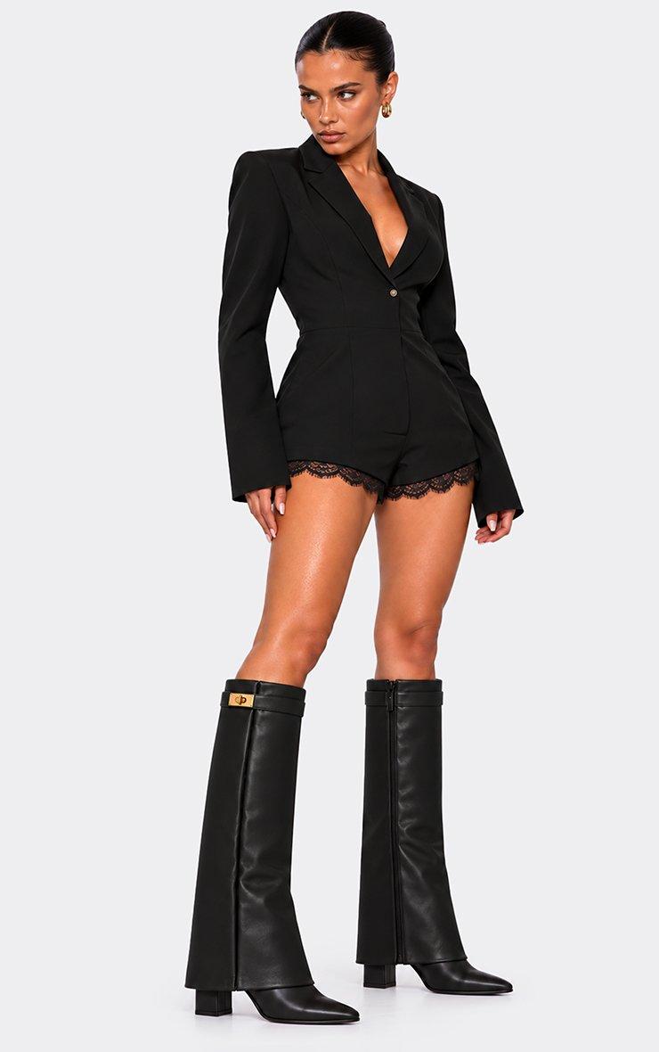 Ava Lock Detail Pointed Toe Knee High Block Heel Boot In Black Faux Leather.