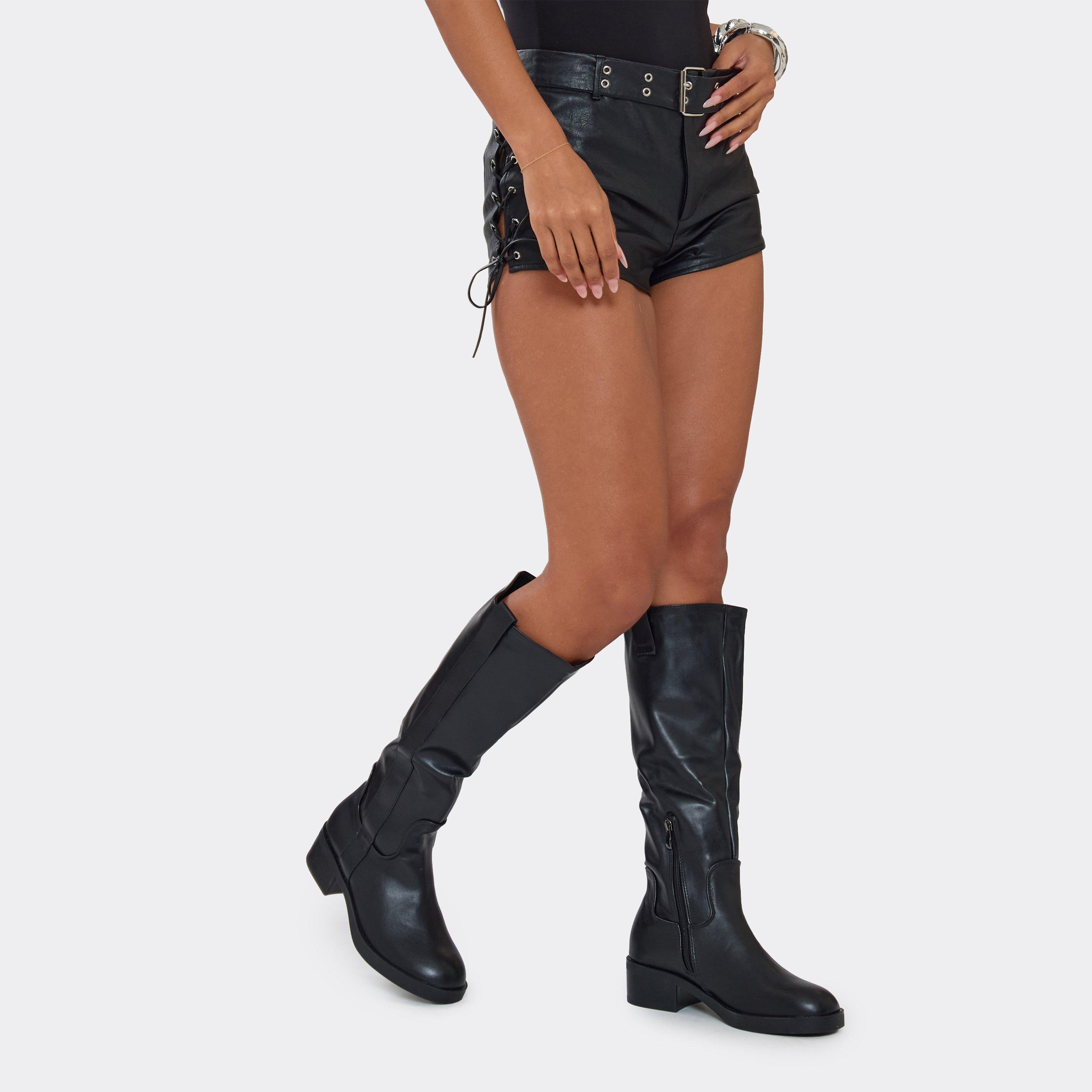 Lainey Panel Detail Knee High Long Flat Biker Boot In Black Faux Leather, Women's Size UK 4