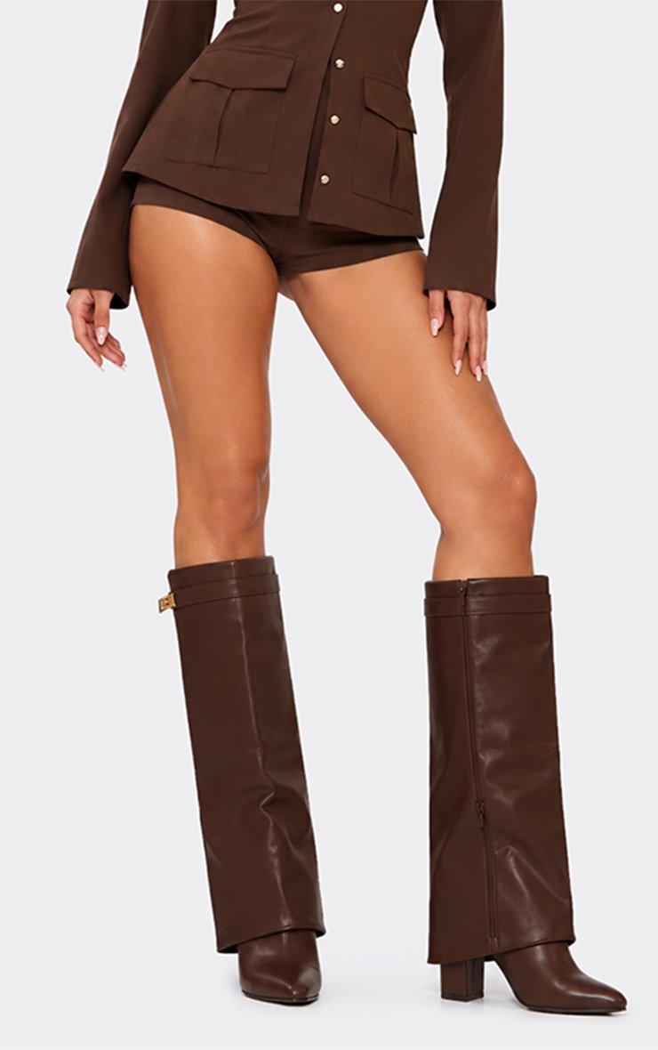Ava Lock Detail Pointed Toe Knee High Block Heel Boot In Brown Faux Leather.