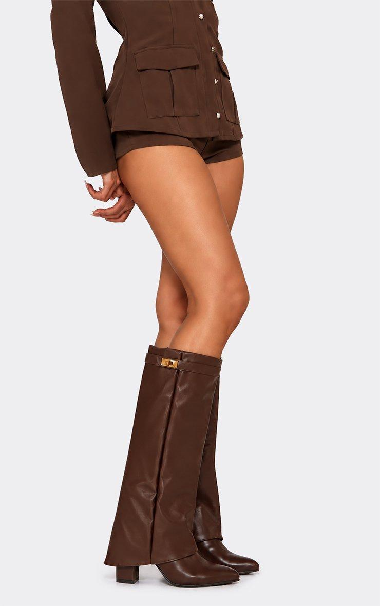 Ava Lock Detail Pointed Toe Knee High Block Heel Boot In Brown Faux Leather.