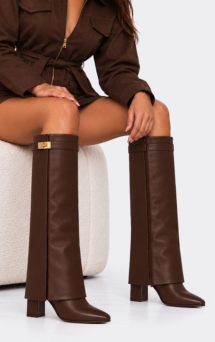 Ava Lock Detail Pointed Toe Knee High Block Heel Boot In Brown Faux Leather