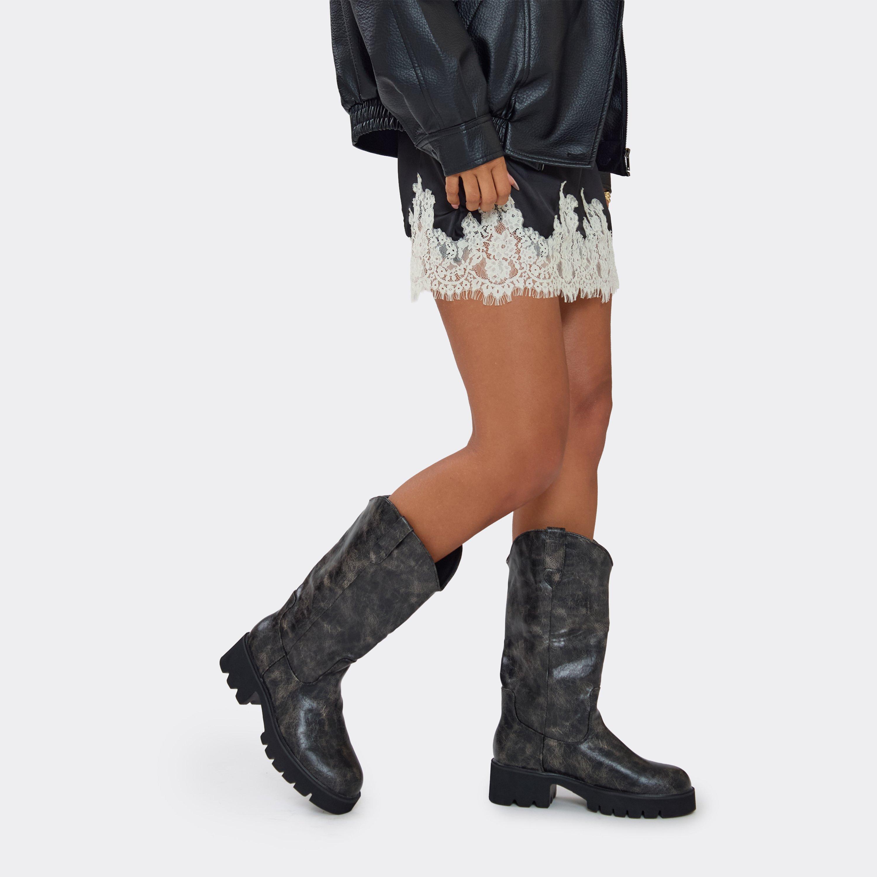 Seriously Chunky Sole Mid Calf Western Biker Boot In Distressed Black Faux Leather, Women’s