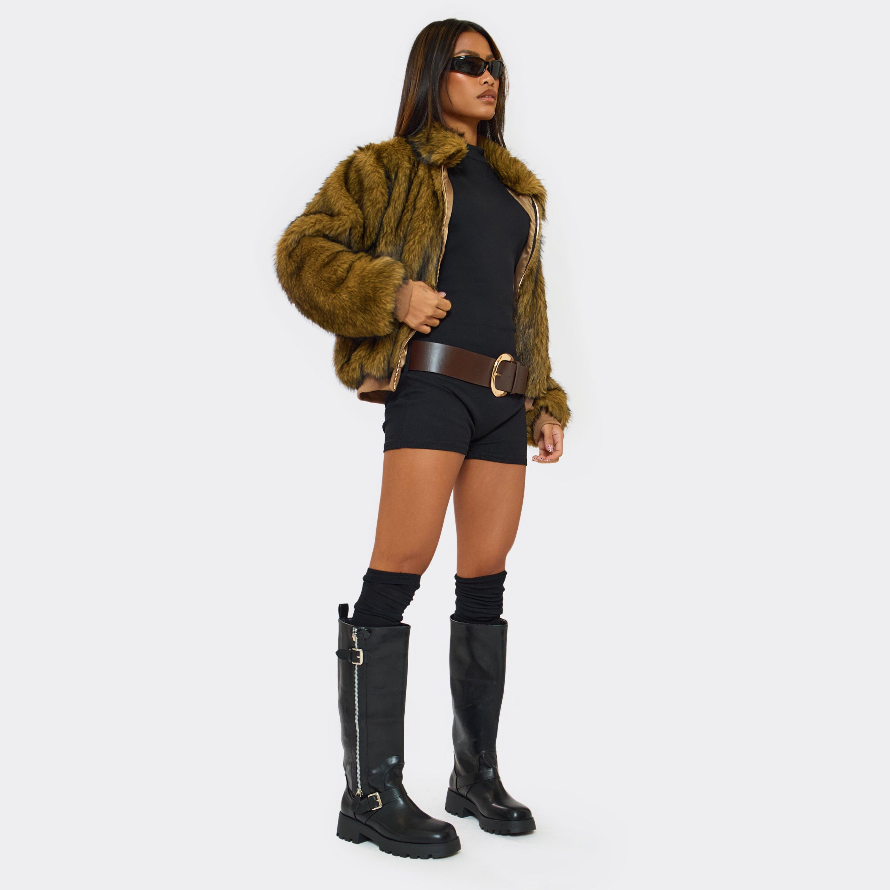 Jamming Zip Buckle Zip Detail Knee High Biker Boot In Black Faux Leather, Women’s