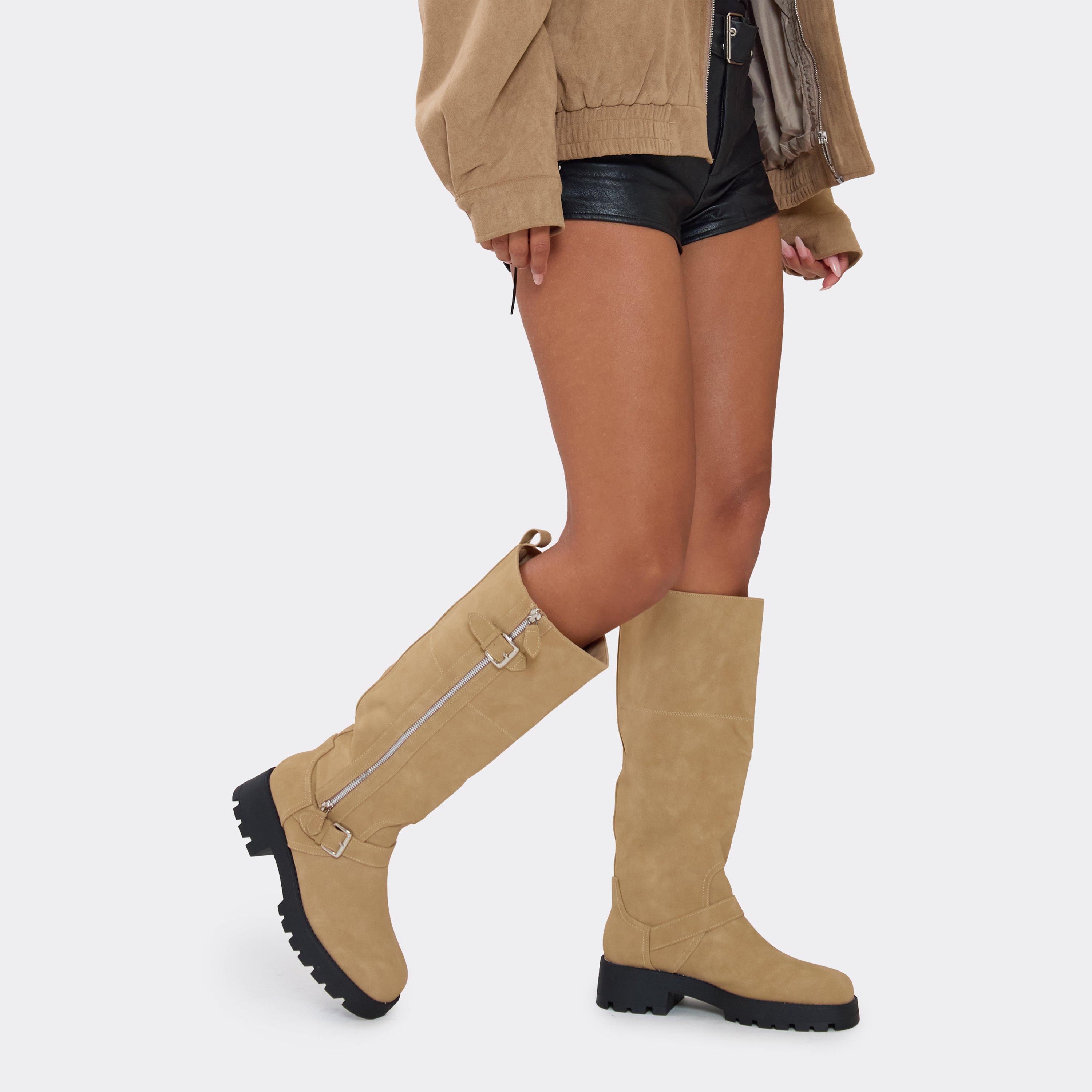 Jamming Zip Buckle Zip Detail Knee High Biker Boot In Beige Faux Suede, Women’s