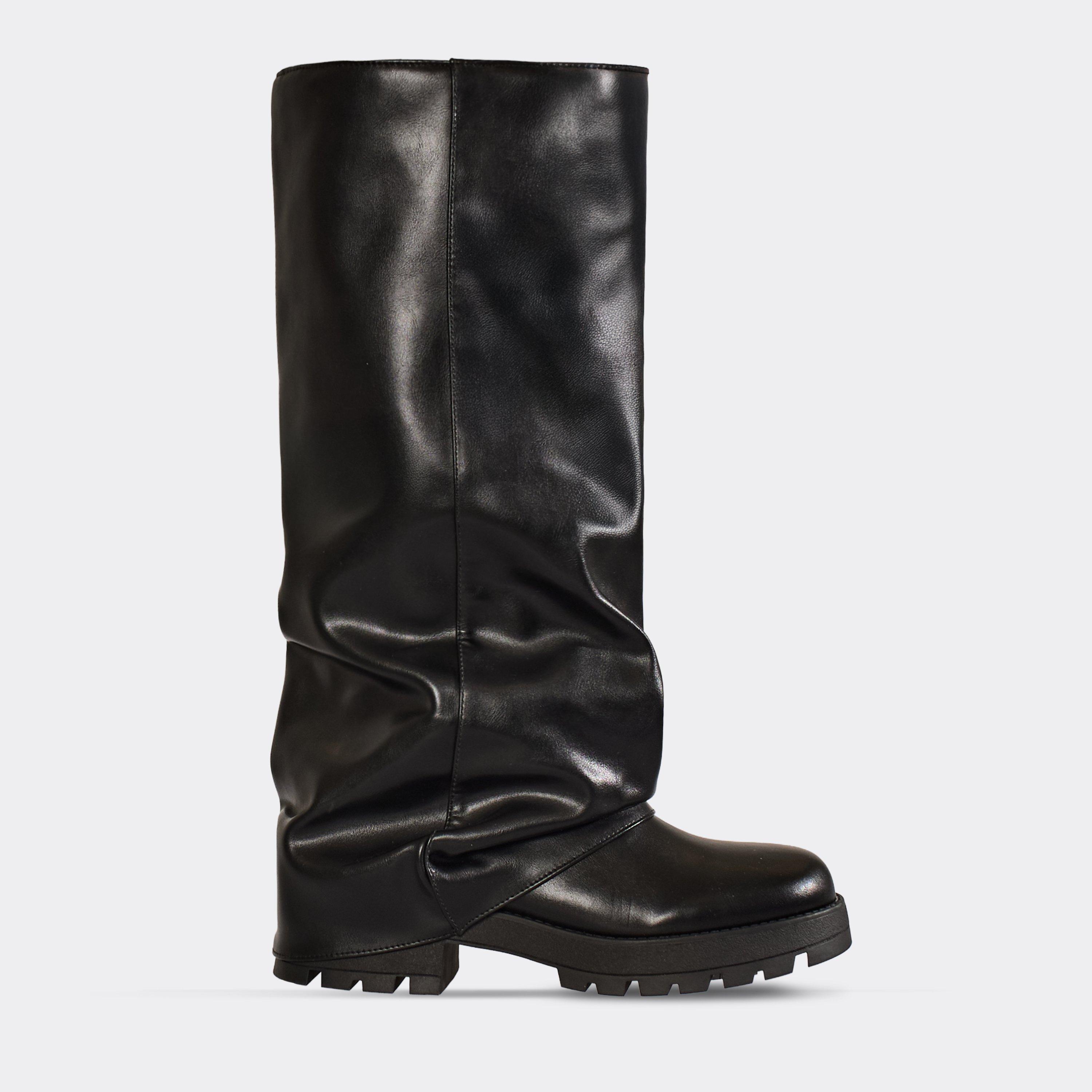 Sonic Chunky Sole Layered Knee High Long Biker Boot In Black Faux Leather, Women’s