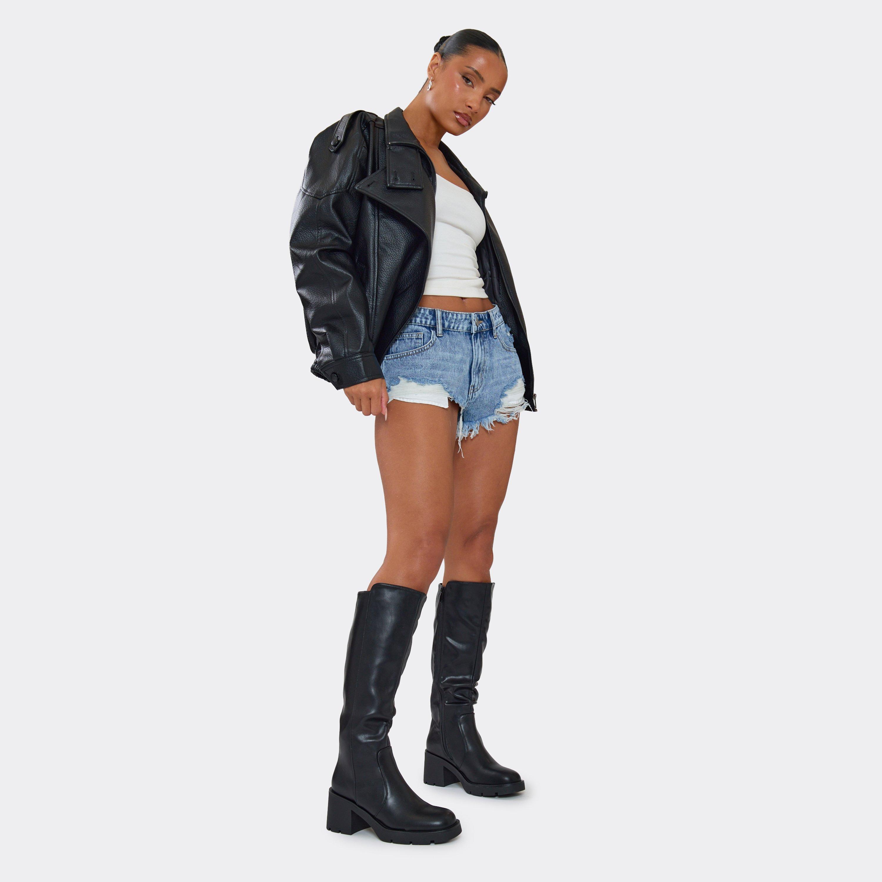 Isys Asymmetric Knee High Long Boot In Black Faux Leather, Women’s