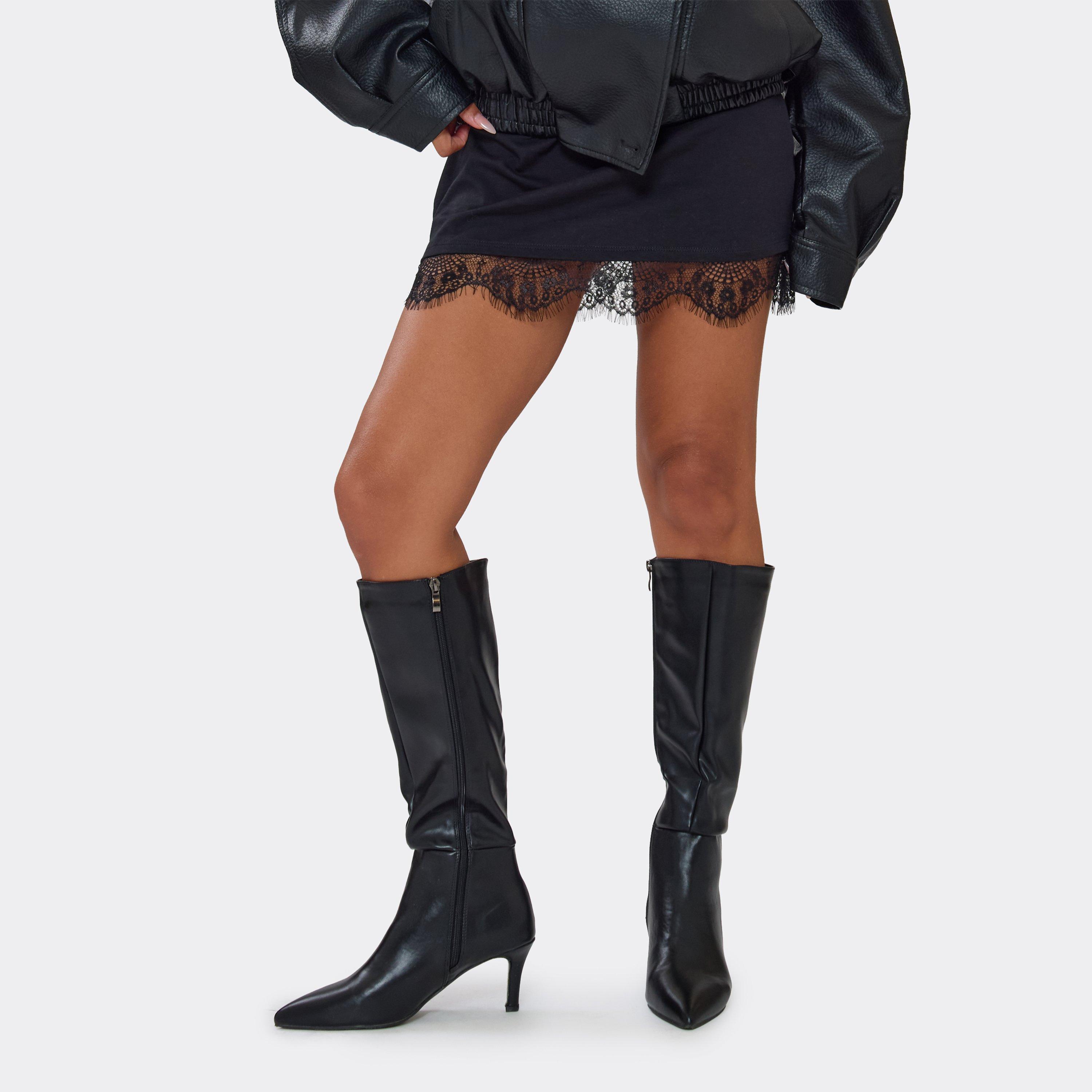 Tarsier Pointed Toe Knee High Long Heeled Boot In Black Faux Leather, Women’s