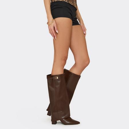 Zadi Lock Layered Detail Pointed Toe Block Heel Knee High Long Boot In Brown Faux Leather, Women's Size US