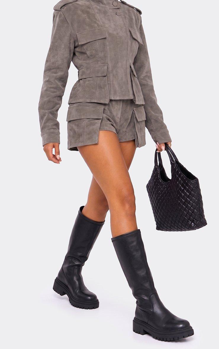 Beloved Chunky Sole Knee High Long Biker Boot In Black Faux Leather.