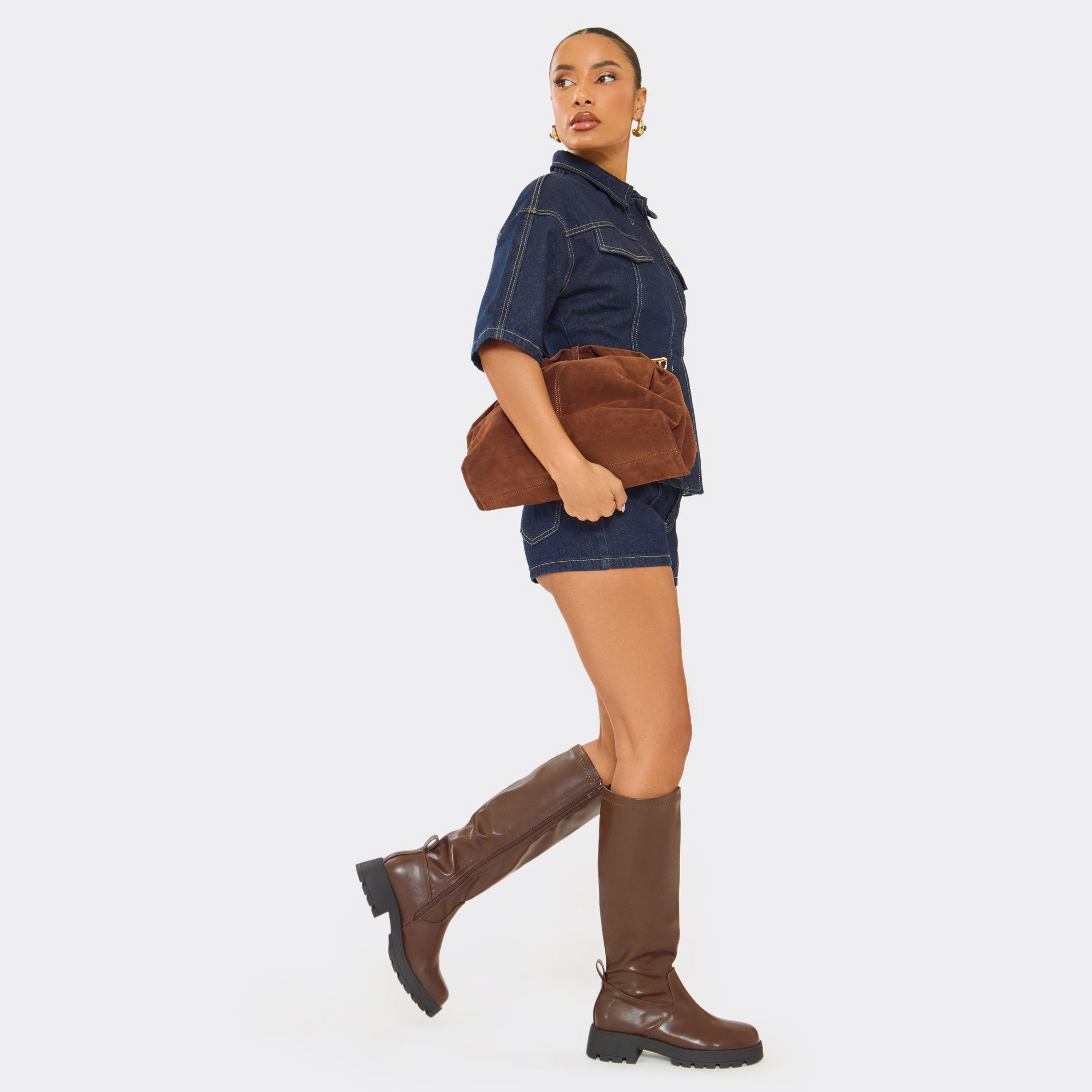 Beloved Chunky Sole Knee High Long Biker Boot In Brown Faux Leather, Women's Size UK 7